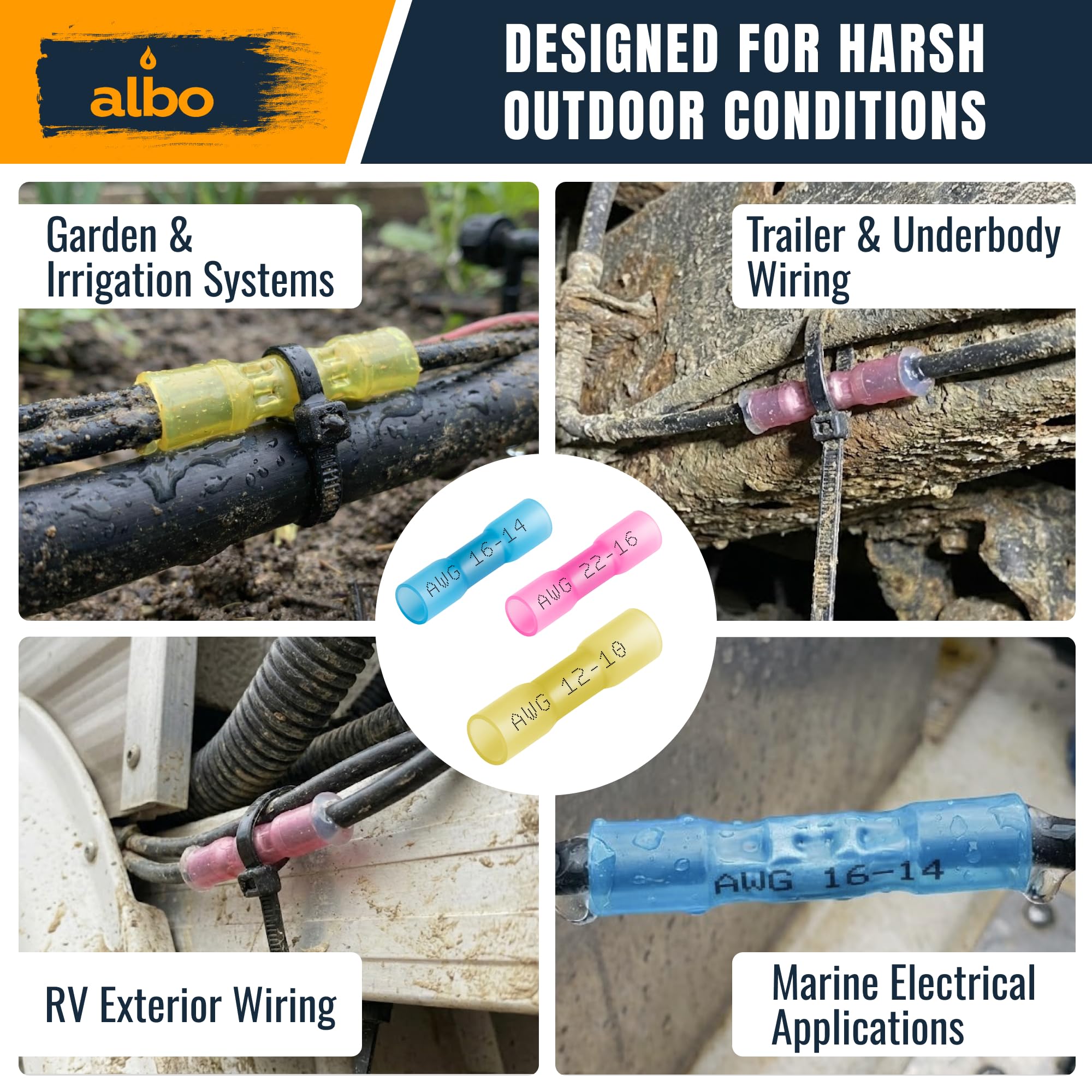 ALBO 1000 conectores termorretráctiles de 16 a 14 AWG, cobre estañado de 0,8 mm, conectores de alambre de crimpado aislados de grado marino, conectores eléctricos impermeables, empalme a tope para