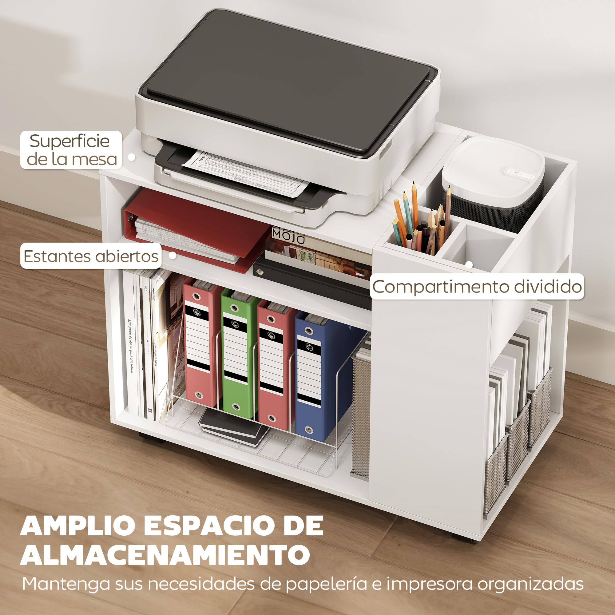 HOMCOM Mueble para Impresora Mesa para Impresora 70x36x60 cm Blanco | Con Ruedas, Compartimentos Superiores, Estantes Abiertos, Oficina, Hogar, Estudio