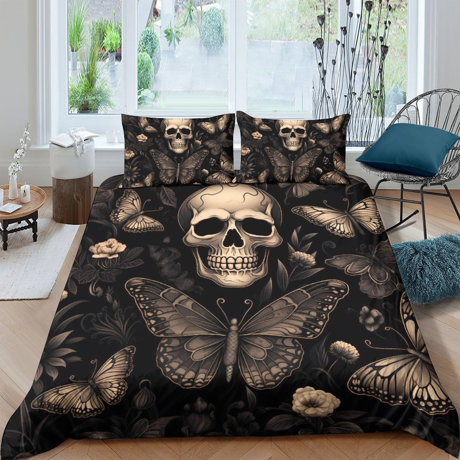 Ctjqhvkz Style-9 3D Printed Skull Butterfly Fitted Sheet Microfiber Black Gothic Bed Cover For Bedroom Guest Room Decor Mattress Protection Single（135X200cm）