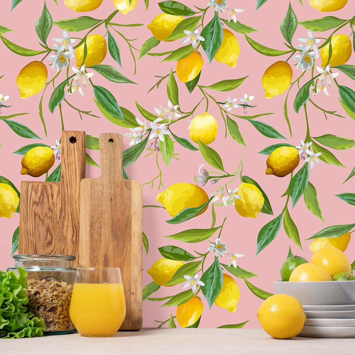 VEELIKE Pink Lemon Wallpaper Stick and Peel Vintage Fruit Wallpaper for Kitchen Bathroom Nursery 17.7''x118'' Prepasted Removable Lemon Floral Wallpaper Pink Contact Paper for Cabinets Drawers Shelves