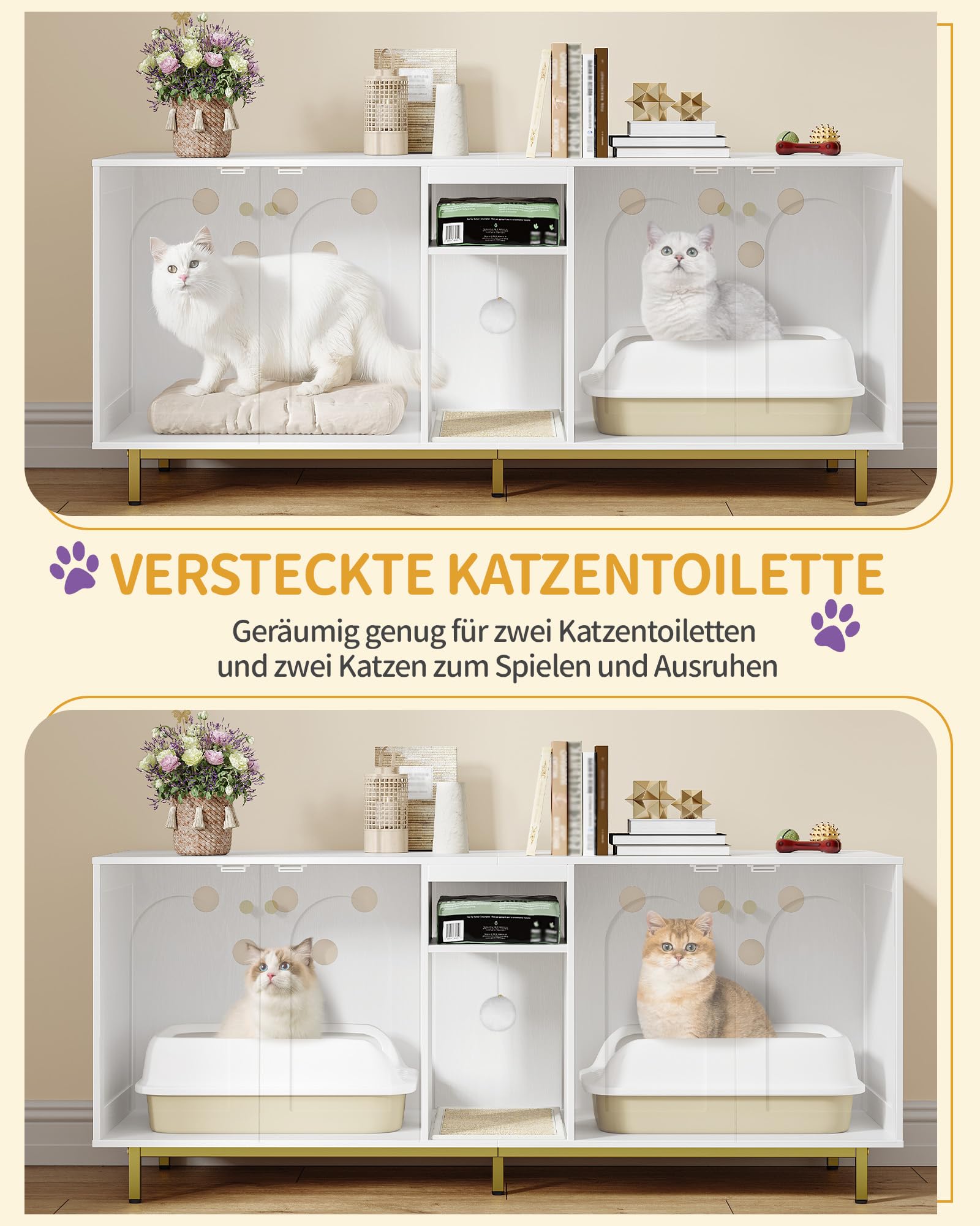 Hzuaneri Katzenschrank für 2 Katzen, Katzenklo Schrank, Katzenhaus Versteckt mit Doppelräumen, Mit Stauraum, Plüschbälle, Kann als Fernsehschrank, 140 x 48 x 62 cm, Weiß und Gold CB86513AV1