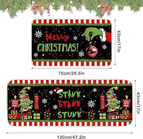 Miniatura 3 de AnyDesign - 2 alfombrillas de cocina de Feliz Navidad, regalo de árbol de personajes de Navidad, tapete antideslizante para el piso, tapete