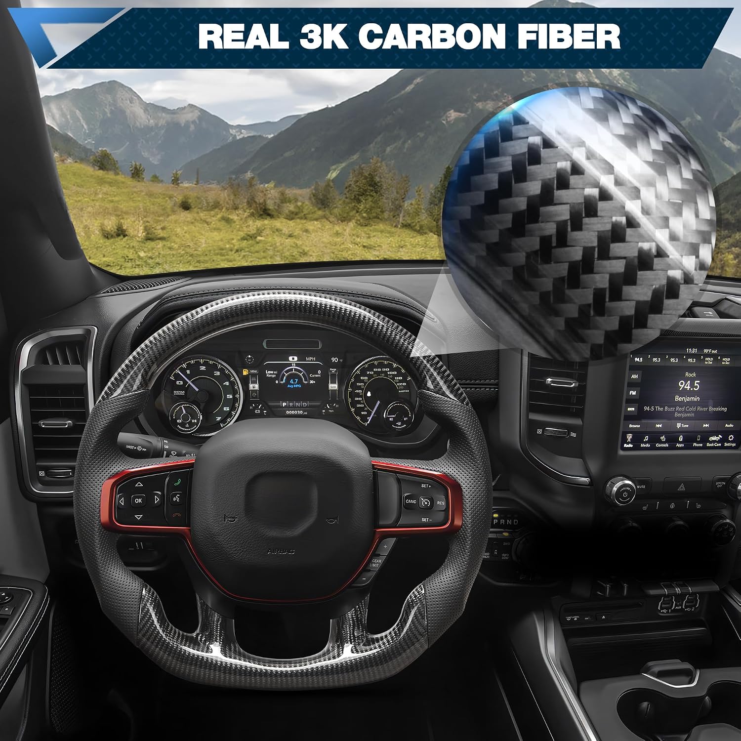 Carbon Fiber Steering Wheel for Ram TRX 1500 2021-2024, Flat Bottom Racing Steering Wheel with Nappa Leather Grip, Performance Interior Upgrade (No Paddle Shifter)