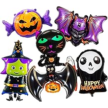 6 Pieces Large Halloween Foil Balloons Decorations Set, Includes Bat, Witch, Pumpkin, Black Cat, Skeleton, Ghost and Spider Designs Mylar Balloons for Spooky Trick-or-Treating Party Supplies