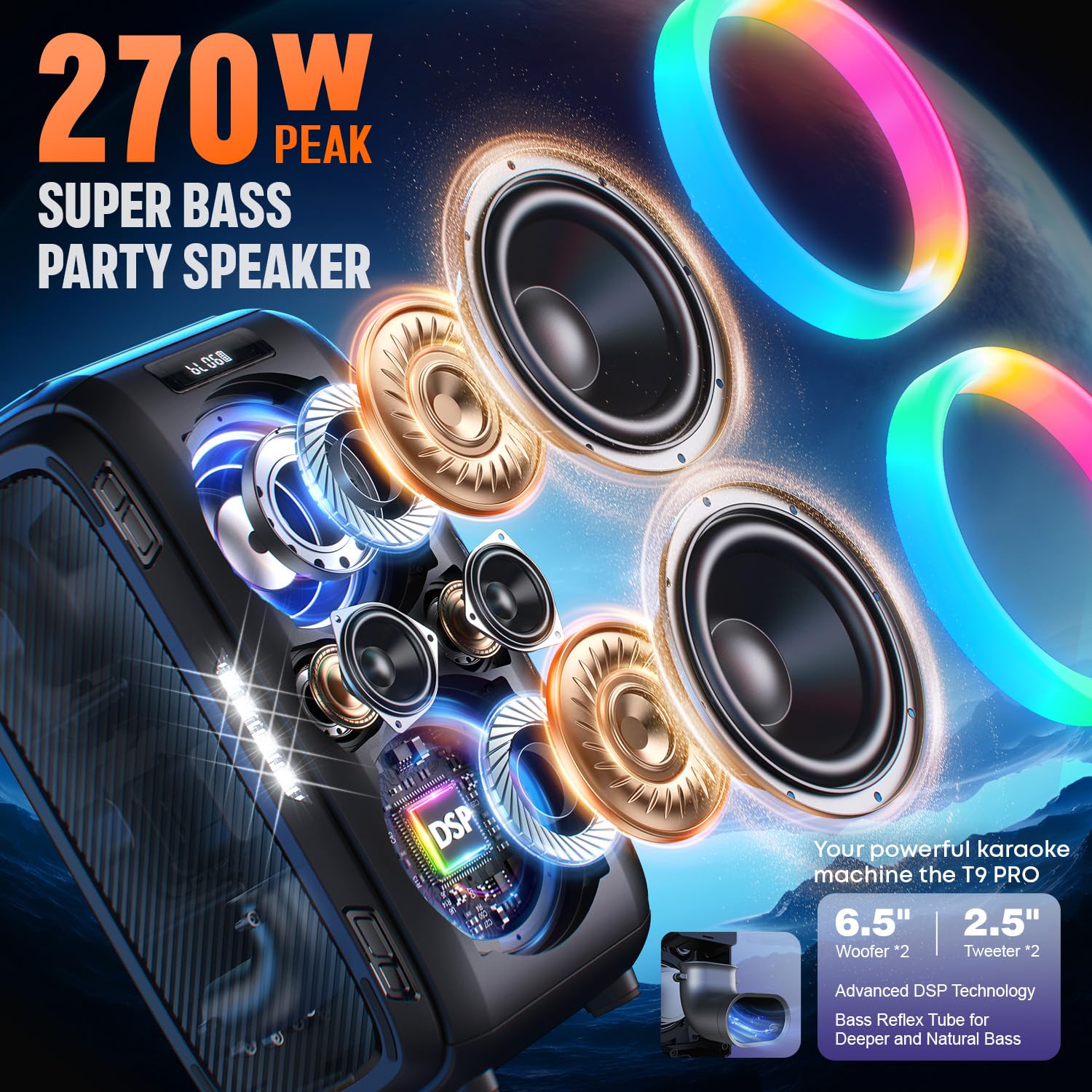W-KING 270W PEAK Cassa Bluetooth Potente Portatile Più Forte Altoparlante Party Box/Massiccio 125dB/12 Bassi Personalizzati, 2*Woofer 16,5cm-Bassi Super, IPX5/MIC&GTR In/USB/TF/AUX,Batteria Rimovibile