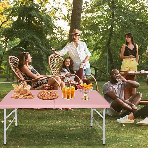 Miniatura 35 de Mesa plegable de plástico portátil de 4 pies/6 pies/8 pies, mesa de comedor de picnic blanca y negra, plegable por la mitad para campamento, fiesta