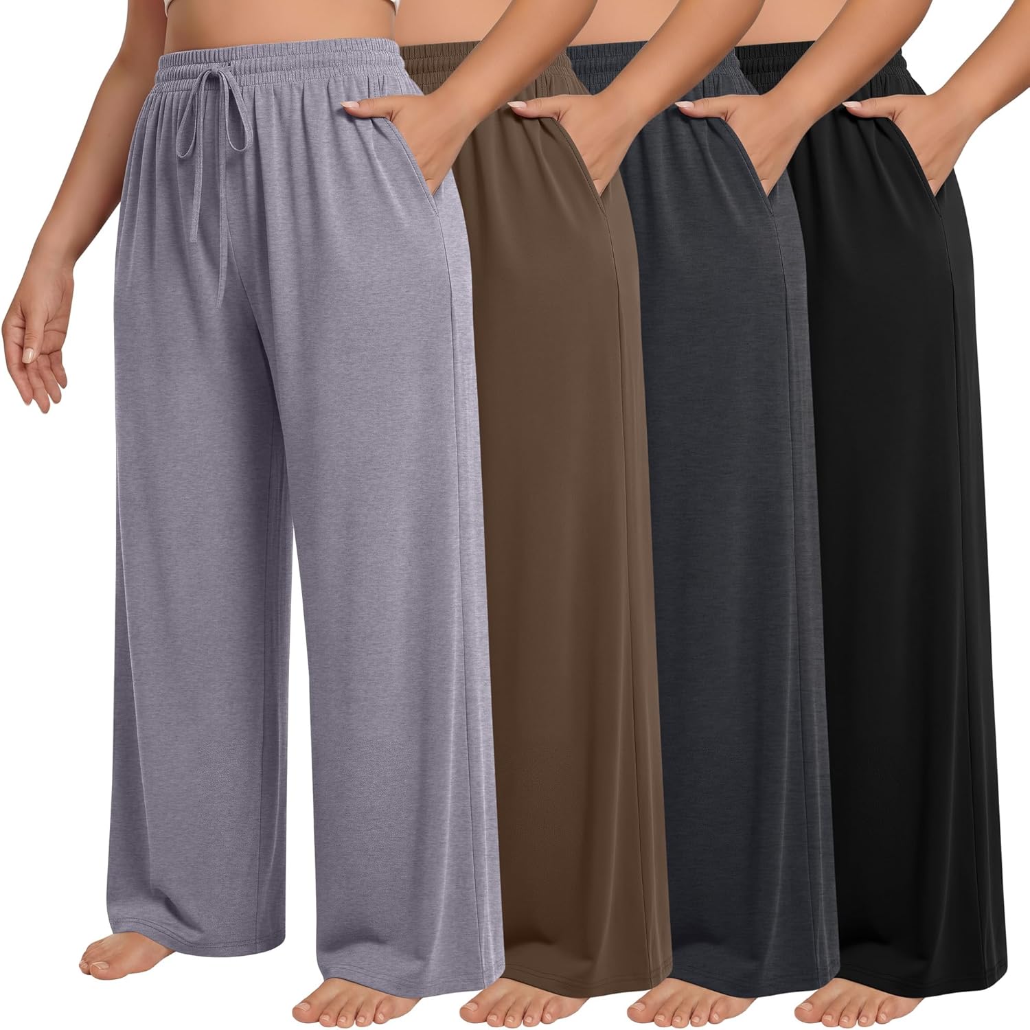 Neer 4 Pack Women's Plus Size Sweatpants Wide Leg Elastic Waist Lounge Yoga Pants Loose Fit Drawstring Jogger with Pockets