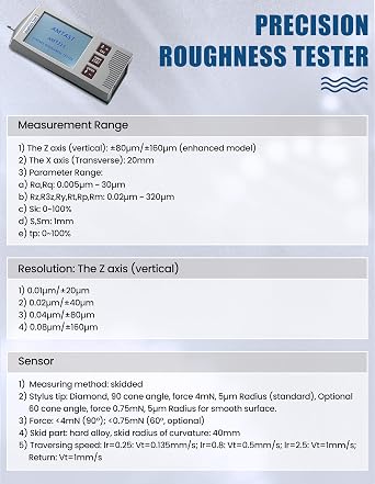 Professional Surface Roughness Meter Digital Surface Gauge Handheld Surface Roughness Tester Meter with 22 Parameters Portable Profilometer for Outer Cylinder, Curved, Pinholes (Model AMT211)