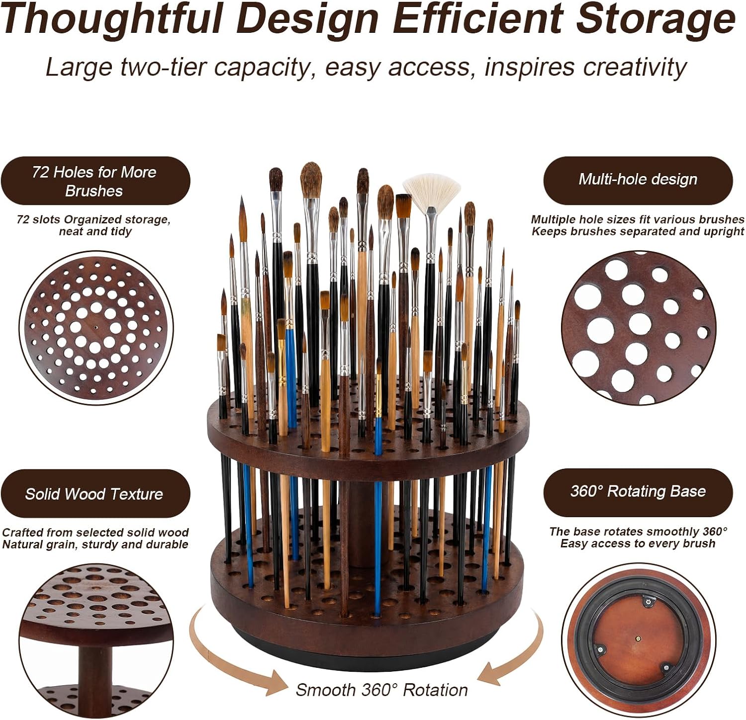 Solid Wood 360° Spinning Paint & Makeup Brush Organizer