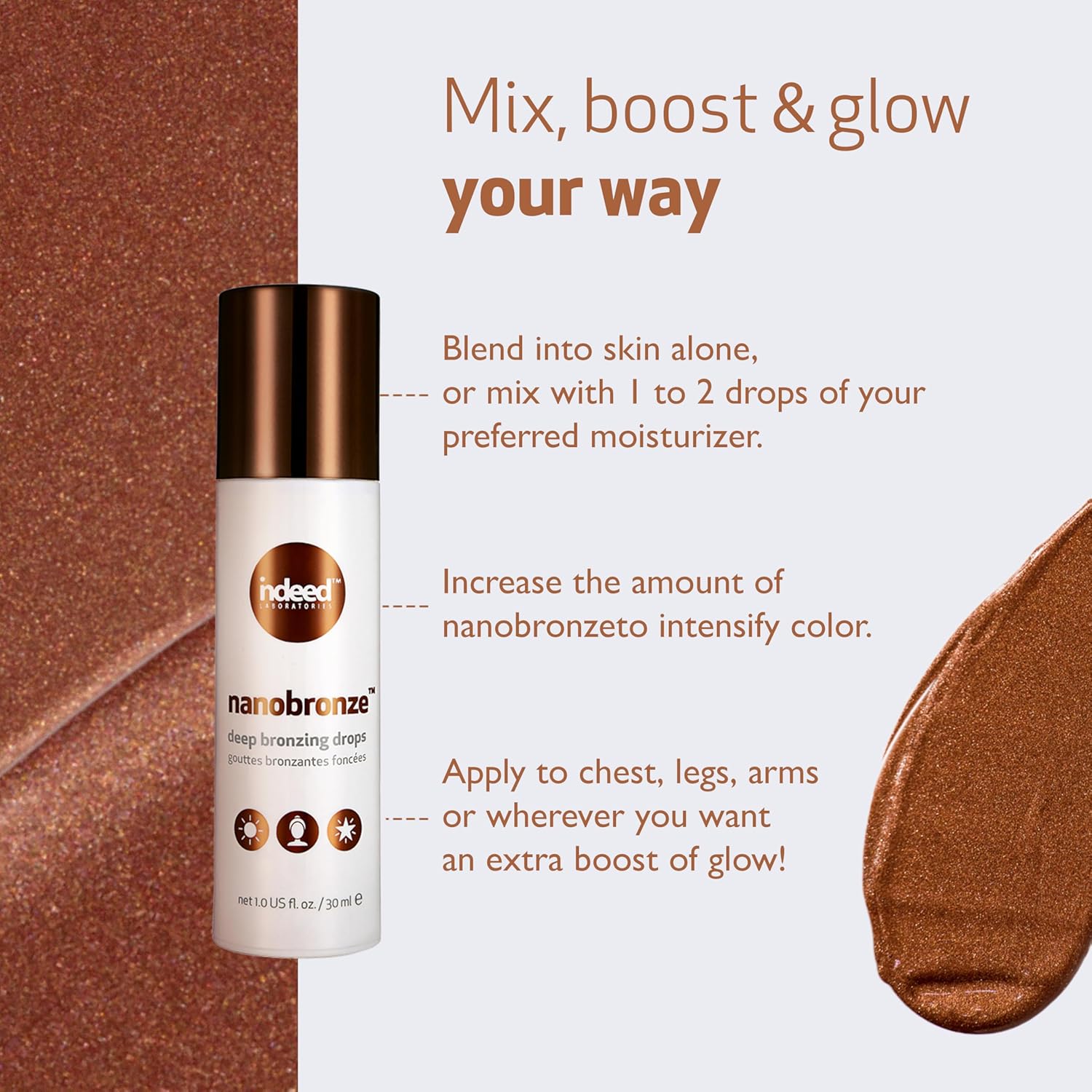 Indeed Labs Nanobronze Deep Bronzing Drops | Face & Body Self Tanner for a Rich Tan | Easy Self Tanner with Hyaluronic Acid, Pea, Cacao, & Giant Kelp Extracts | Fragrance-Free, Natural Tan, (1 Fl Oz) - Image 4