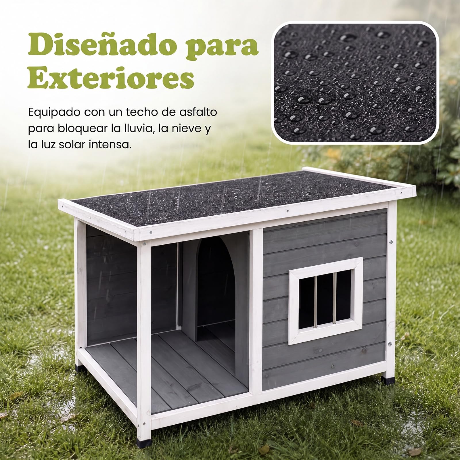 COSTWAY Casa para Mascotas Impermeable con Porche, 86 x 63 x 60 cm | Caseta para Perros con Techo de Asfalto Inclinado Abatible, Base Elevada y Ventana, Perrera Refugio para Interior Exterior