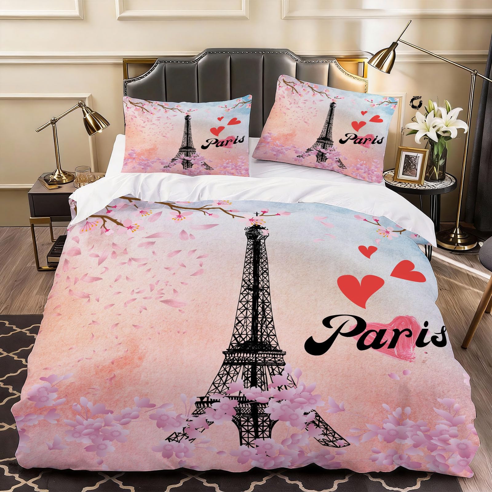 3D Eiffel Tower Duvet Cover Romantic Love Bedding Double Bed Set, Soft Microfiber Comforter Cover Printed with Zipper Closure Quilt Coverr 200x200 cm and 2 Pillowcases