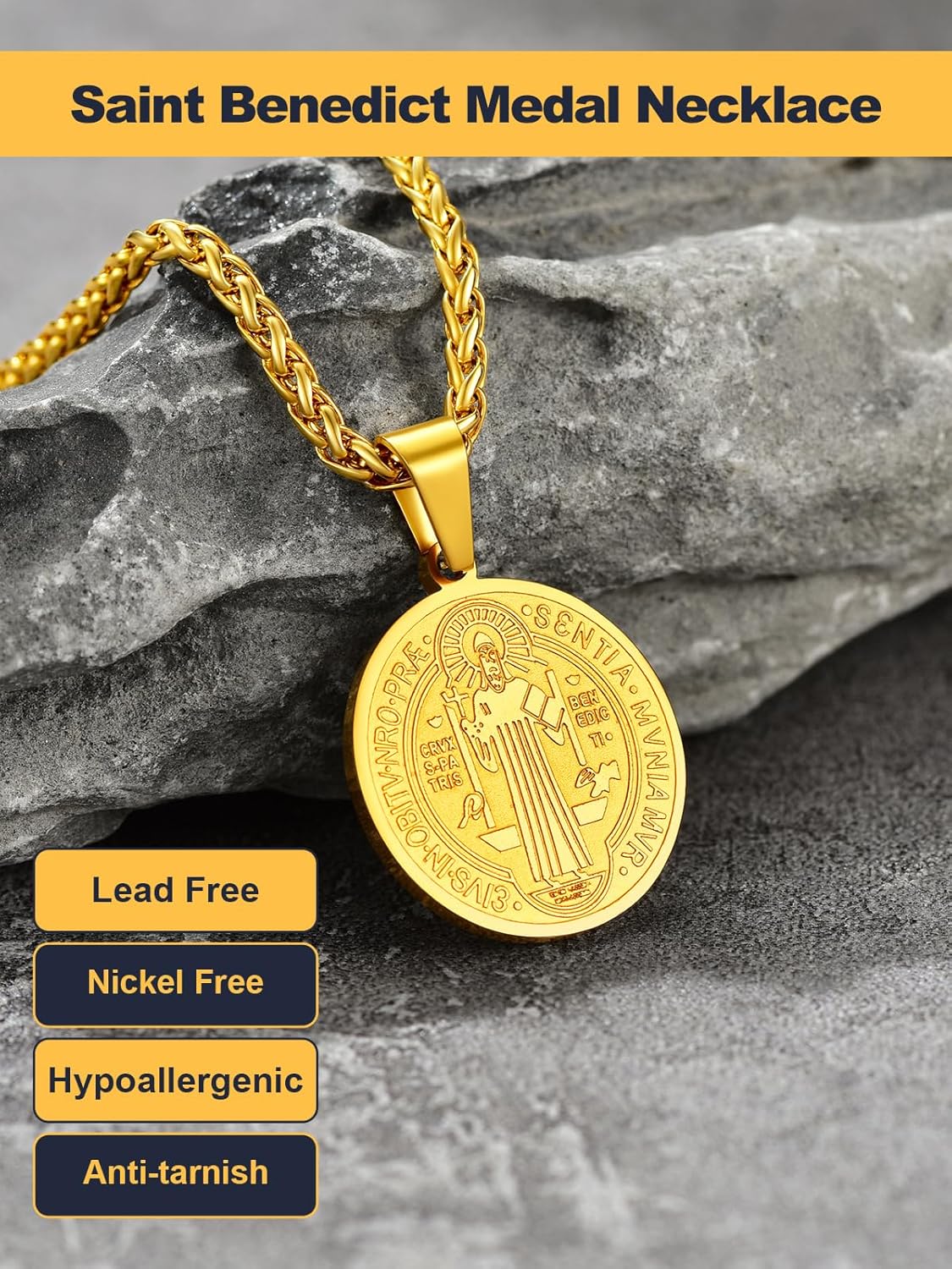 U7 Saint Benedict Medal Necklace (Steel+Gold)