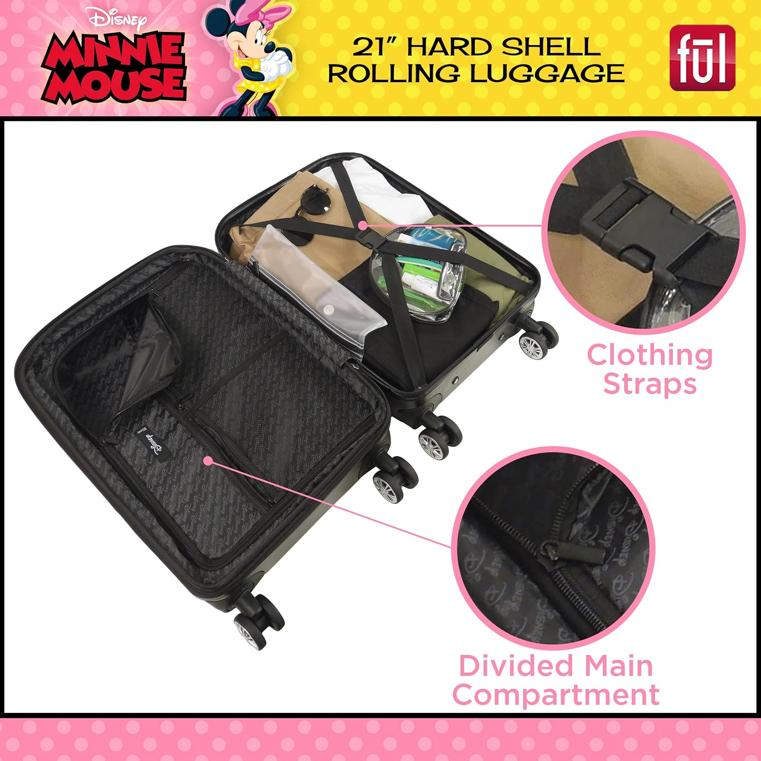 FUL Disney Minnie Mouse 21 Inch Carry On Luggage, Molded Hardshell Rolling Suitcase with Spinner Wheels, Black