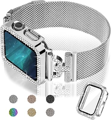 JOYOZY Magnetic Band Compatible with Apple Watch Band 38mm 40mm 41mm 42mm 44mm 45mm 46mm Milanese Strap with Bling Glitter Case Built-in Screen Protector Dressy Stainless Steel iWatch Loop for Women