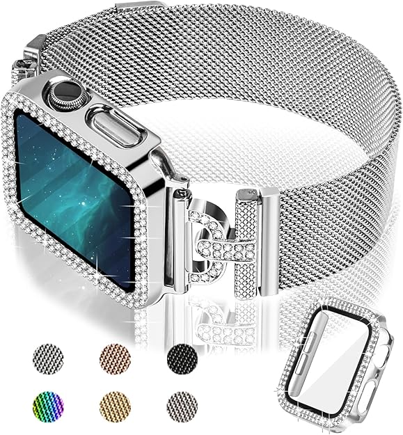 JOYOZY Magnetic Band Compatible with Apple Watch Band 38mm 40mm 41mm 42mm 44mm 45mm 46mm Milanese Strap with Bling Glitter Case Built-in Screen Protector Dressy Stainless Steel iWatch Loop for Women