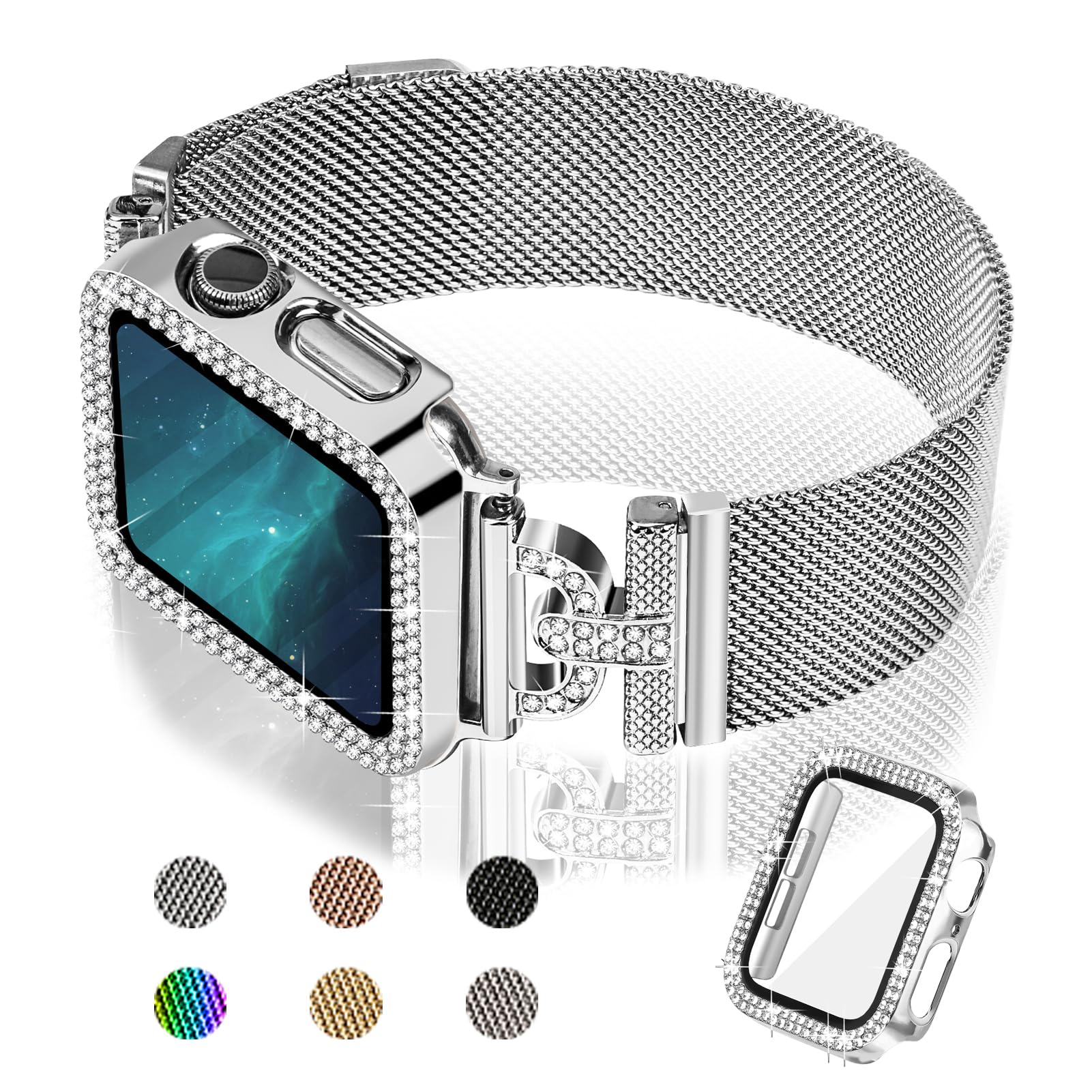 JOYOZY Magnetic Band Compatible with Apple Watch Band 38mm 40mm 41mm 42mm 44mm 45mm 46mm Milanese Strap with Bling Glitter Case Built-in Screen Protector Dressy Stainless Steel iWatch Loop for Women