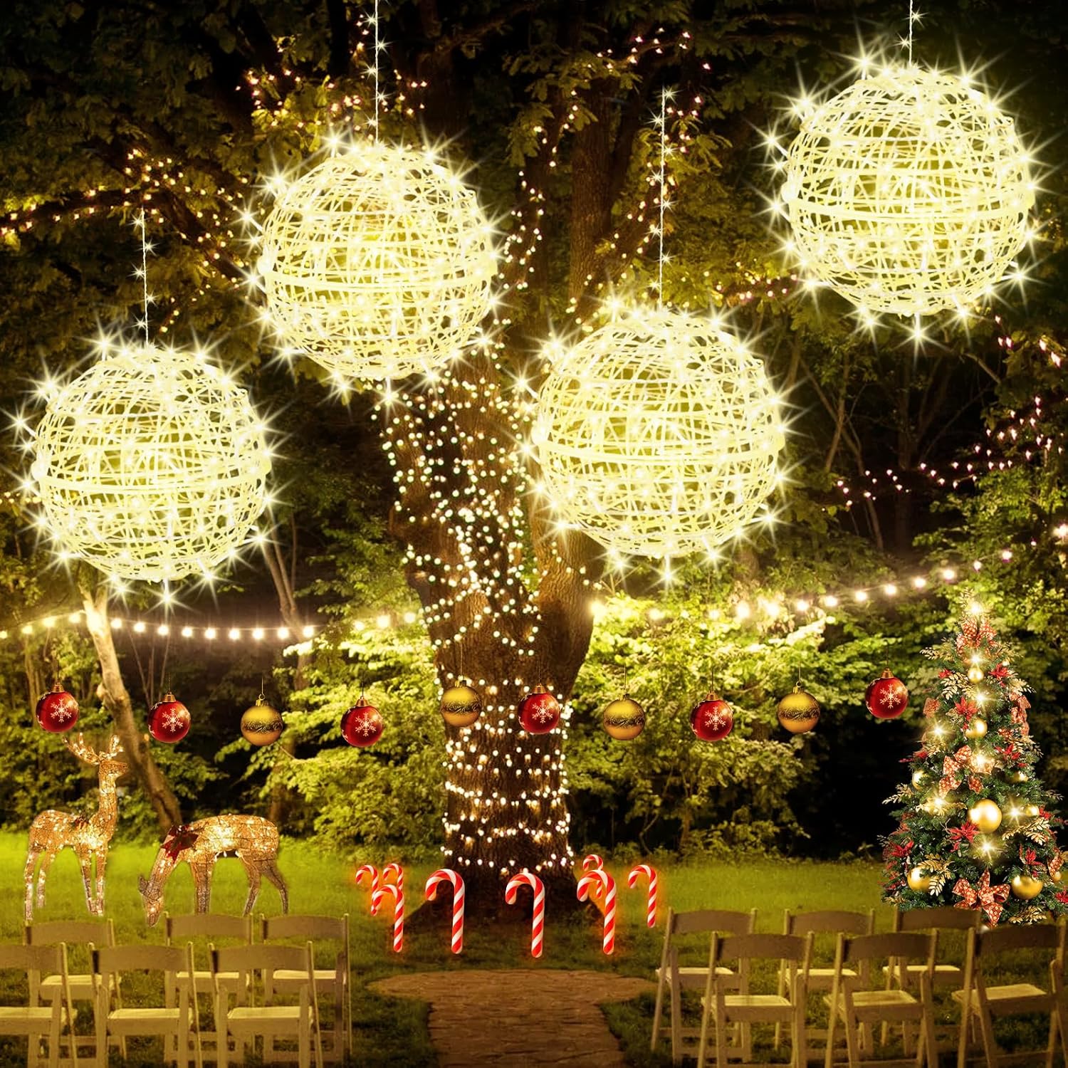 Christmas String Lights Outdoors,4 Pack 15.74" Sphere Lights,Ball Tree Garden Globe Lights for Home, Party, Christmas, Porch Patio,Wedding, Garden,Tree Decoration with Plug Warm White 15.74inch