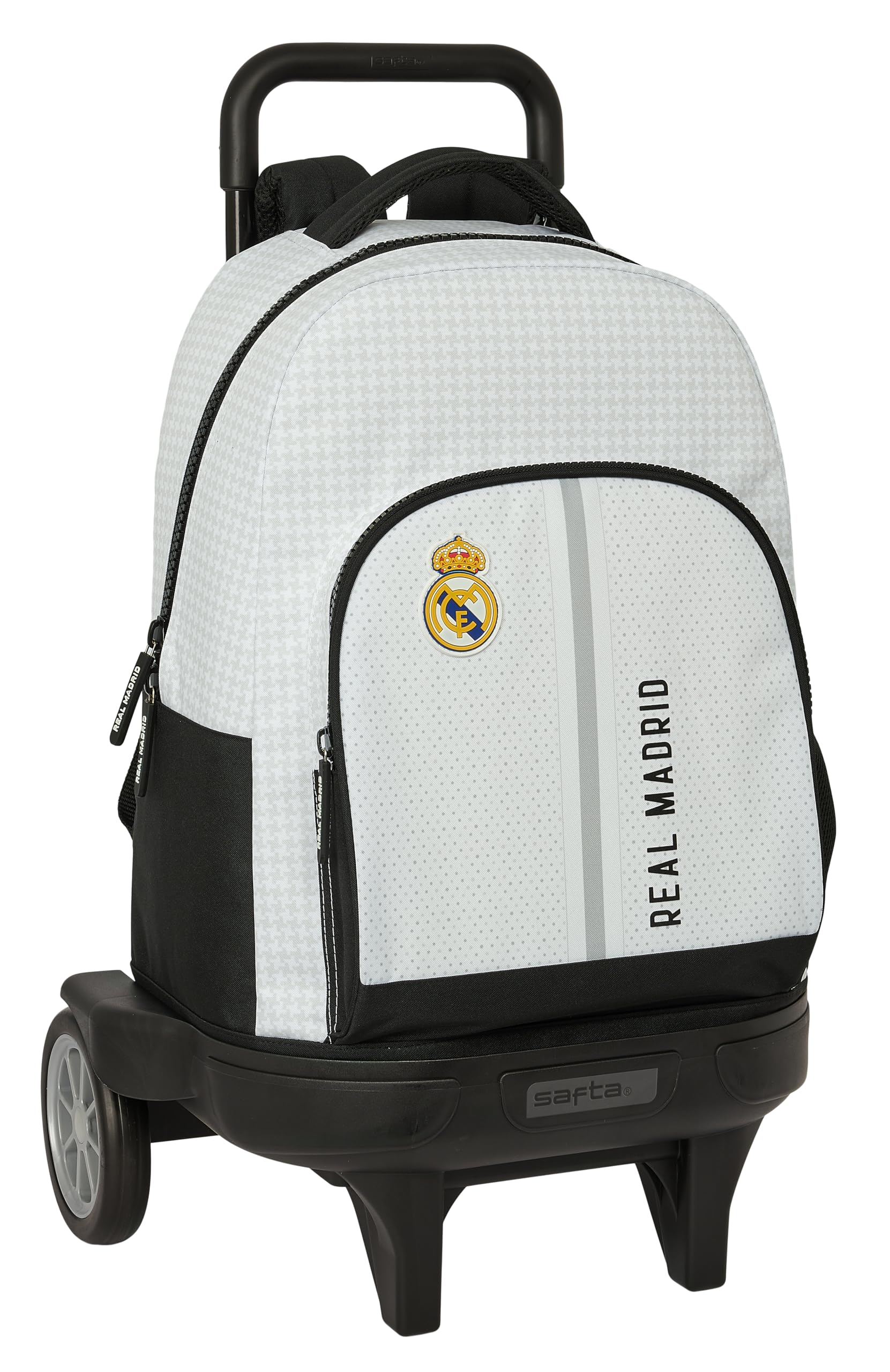 Safta REAL MADRID 1ª EQUIPACIÓN 24/25 - Mochila Grande con Ruedas, Compact Evolución, Extraíble, Ideal para Niños de Diferentes Edades, Cómoda y Versátil, 33x22x45 cm, Color Blanco/gris