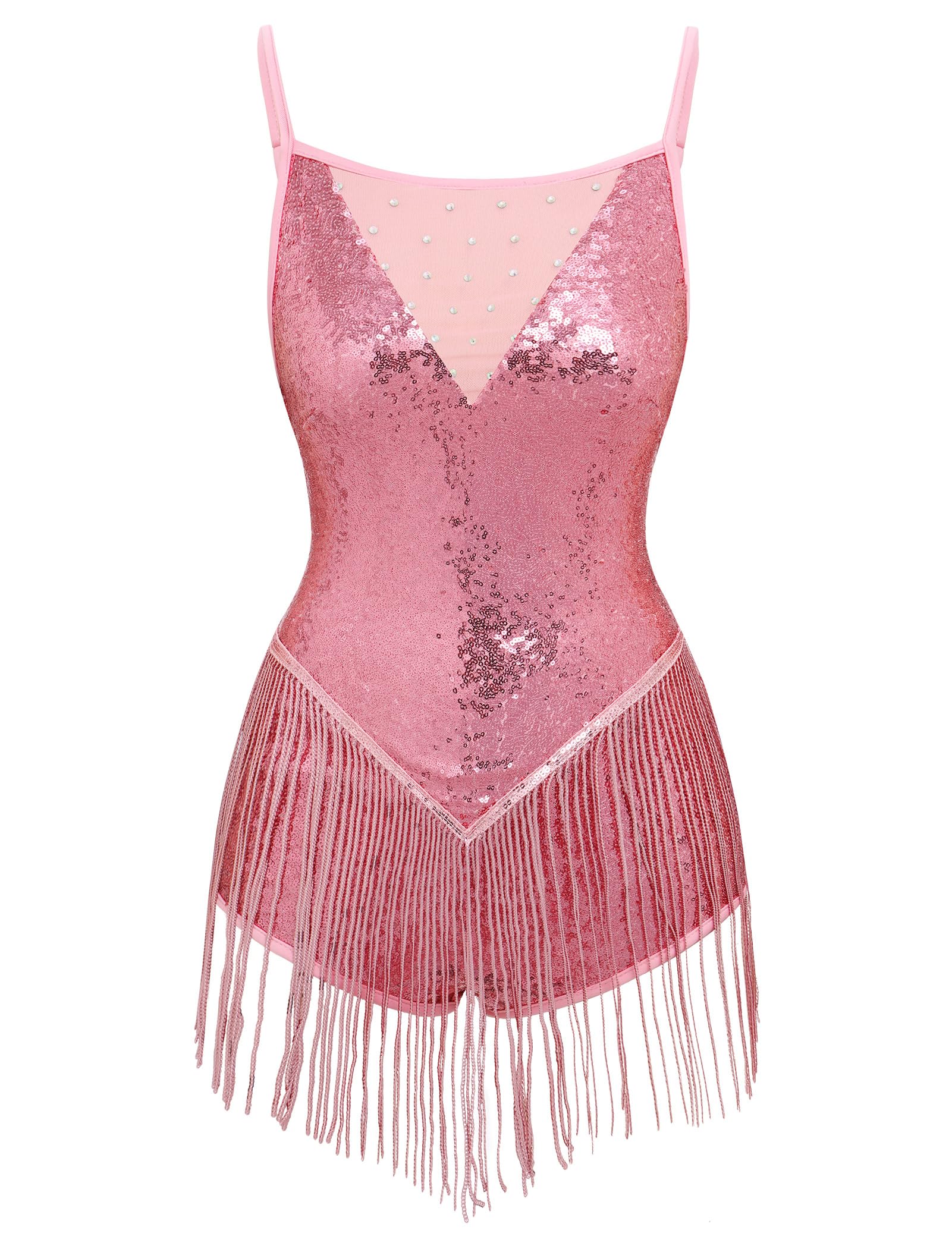 IBAKOM Damen-Body mit Fransen und Pailletten, lateinamerikanischer Jazz-Tanzkleid, glitzernde Quaste, Rave-Outfits, Akrobat, Zirkus, Hip-Hop-Tanzkostüm