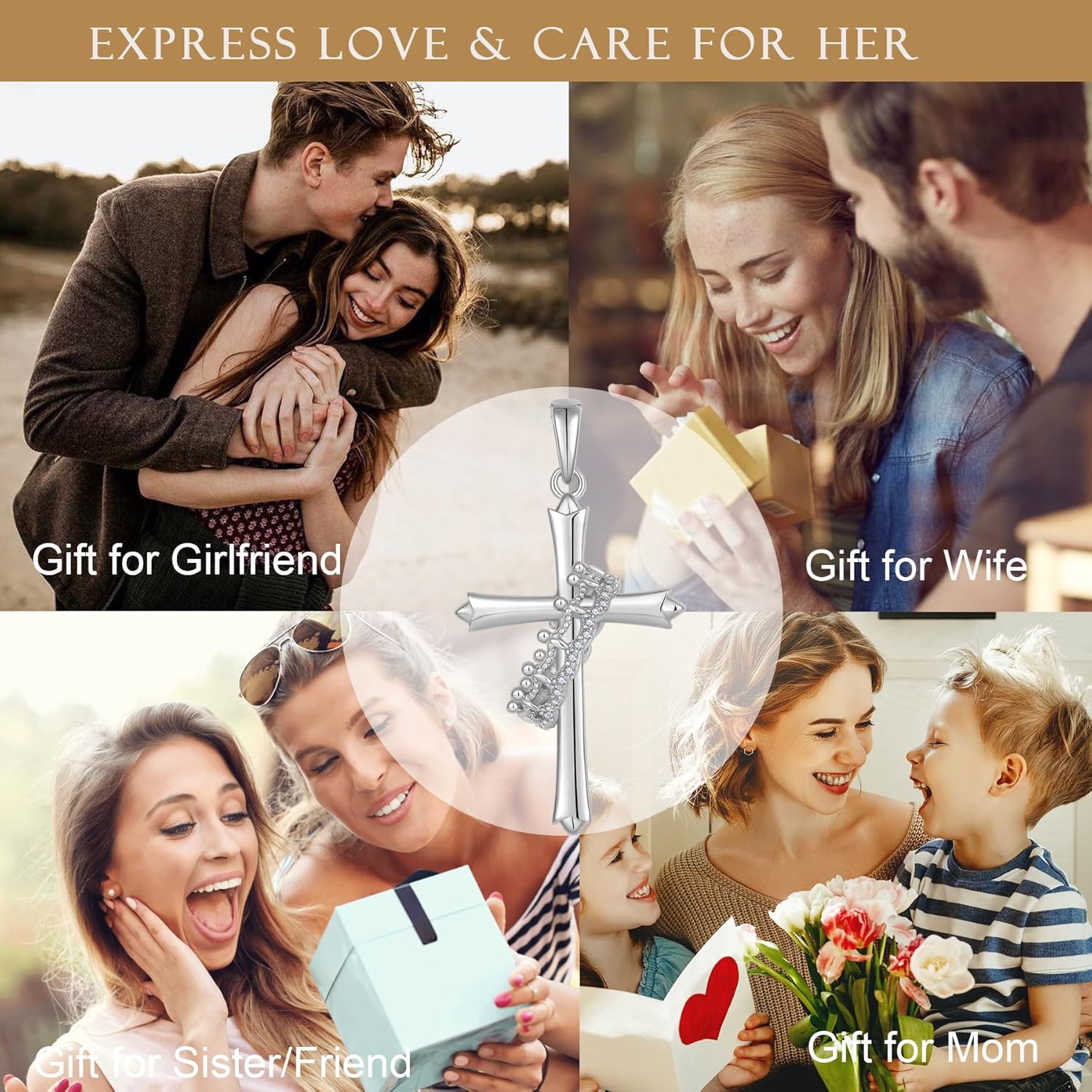 Crown Cross Necklace for Women, 925 Sterling Silver Cross With Rotated Ring Pendant Necklace, Dainty 14K Yellow/White Gold Plated Faith Jewelry Gift - Image 4