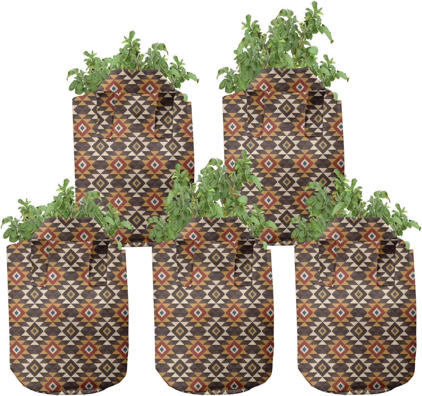 Ambesonne Ethnic Grow Bags 5-Pack, Bohemian Peruvian Geometric, Heavyduty Fabric Pots with Handles for Plants, Taupe Ginger and Rust