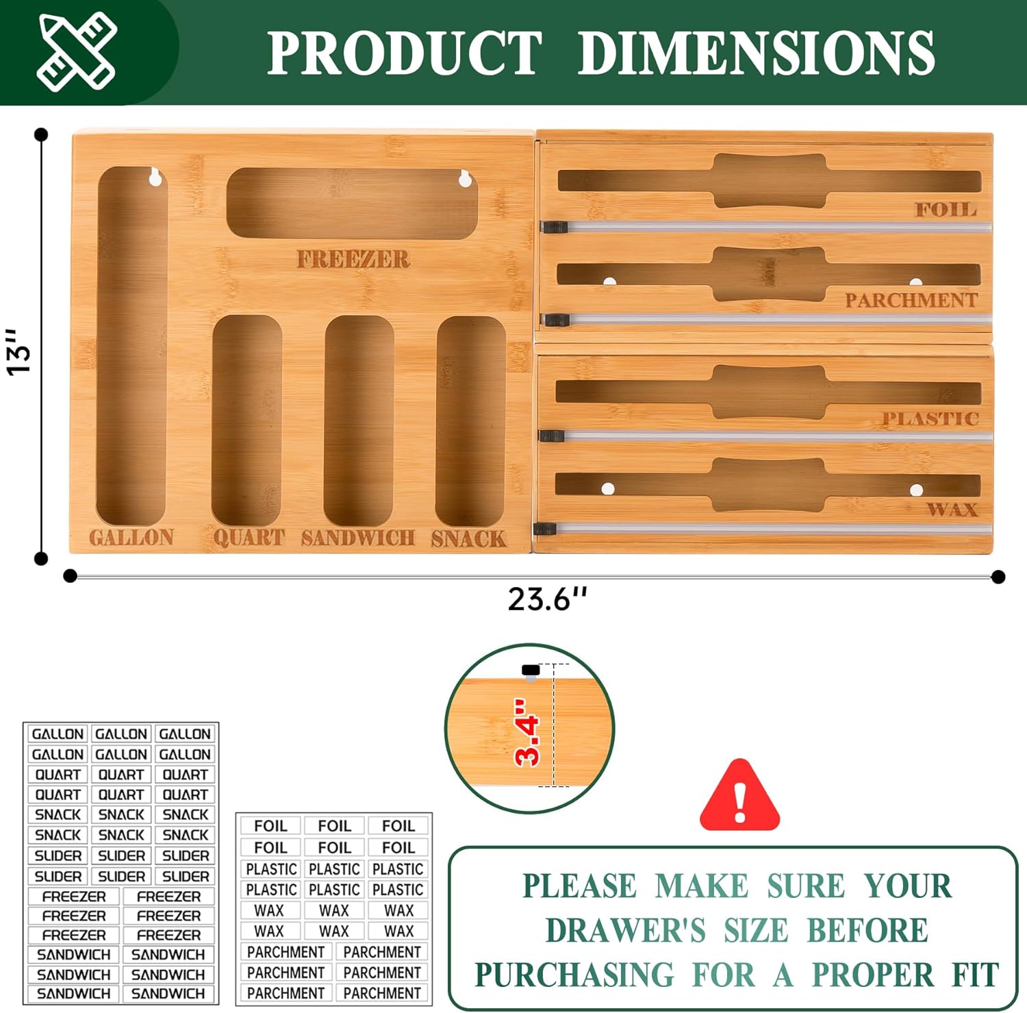 Calmbee 9 IN 1 Storage Bag Organizer, Foil and plastic Wrap Organizer with Cutter, Kitchen Organizers and Storage Compatible with Gallon, Quart, Sandwich (Natural)