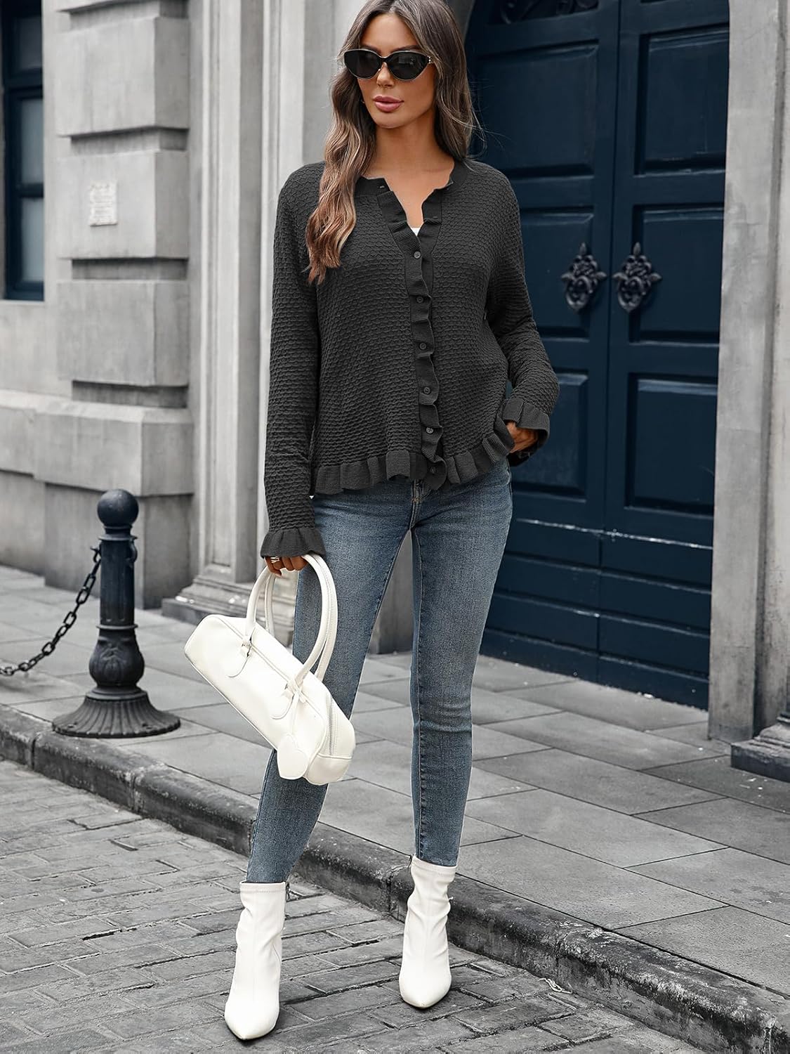 Women's Ruffle Cardigan Sweaters Knit Texture Crew Neck Cropped Long Sleeve Button Down Tops - Image 6