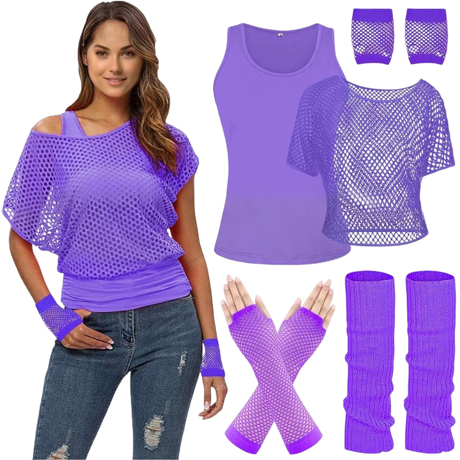 MUNSKT Women's Neon Outfit, 80s 90s Fishnet T-Shirt Sleeveless Top with Gloves Leg Warmers