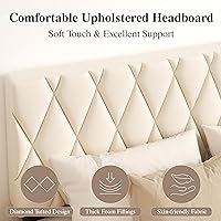 Vista 4 de Marco de cama tamaño completo con cabecera capitonada de diamante, cama plataforma tapizada en terciopelo y soporte de listones de madera, sin Beige
