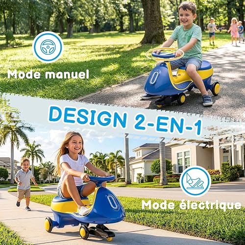 LALAHO Voiture électrique Enfant, Véhicule électrique Enfant 2 en 1 avec MP3 pour Enfants à Partir de 3 Ans (Bleu-Jaune 1) - 3