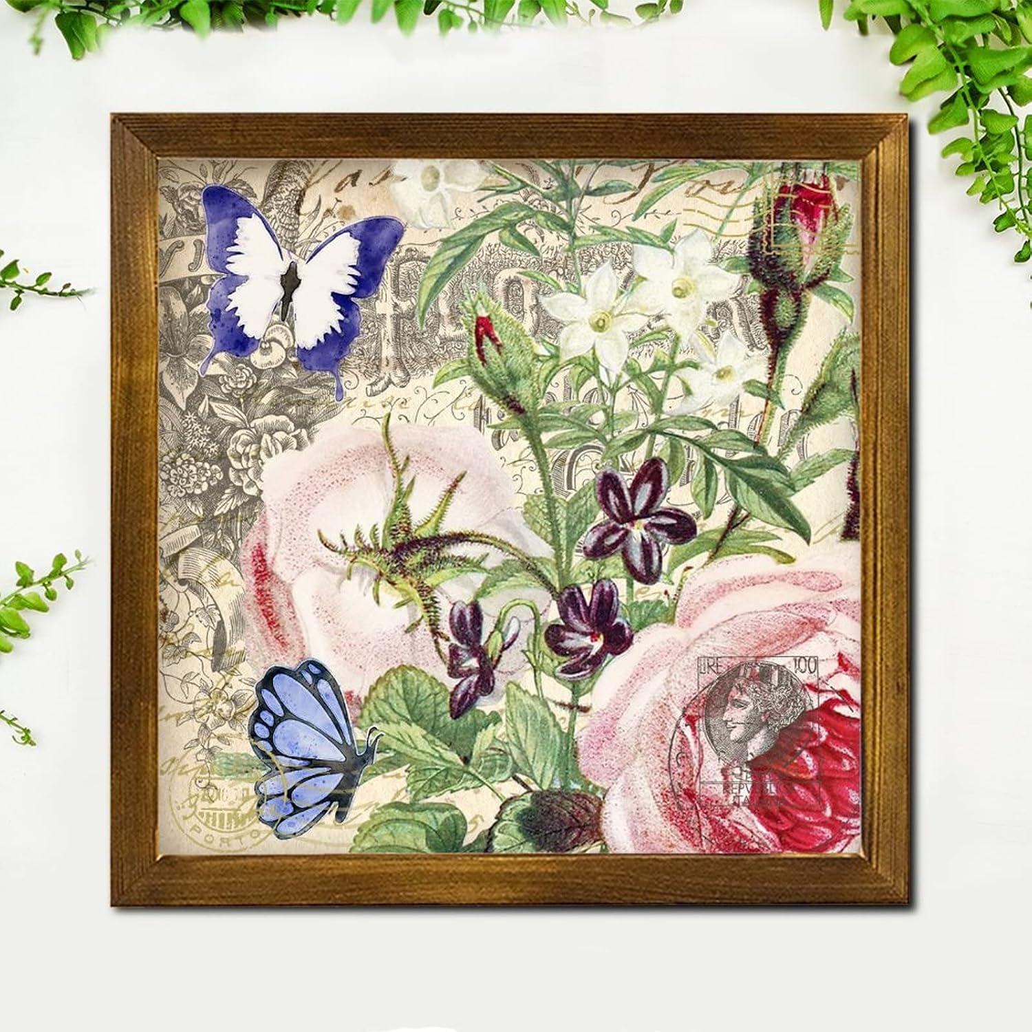 French Blue Butterfly Lily Flower Wooden Framed Sign Vintage French Poster Wood Block Plaque Classic Hello Spring Flower Wood Home Wall Decoration for Home Room Office Garden Kitchen 12x12 inch