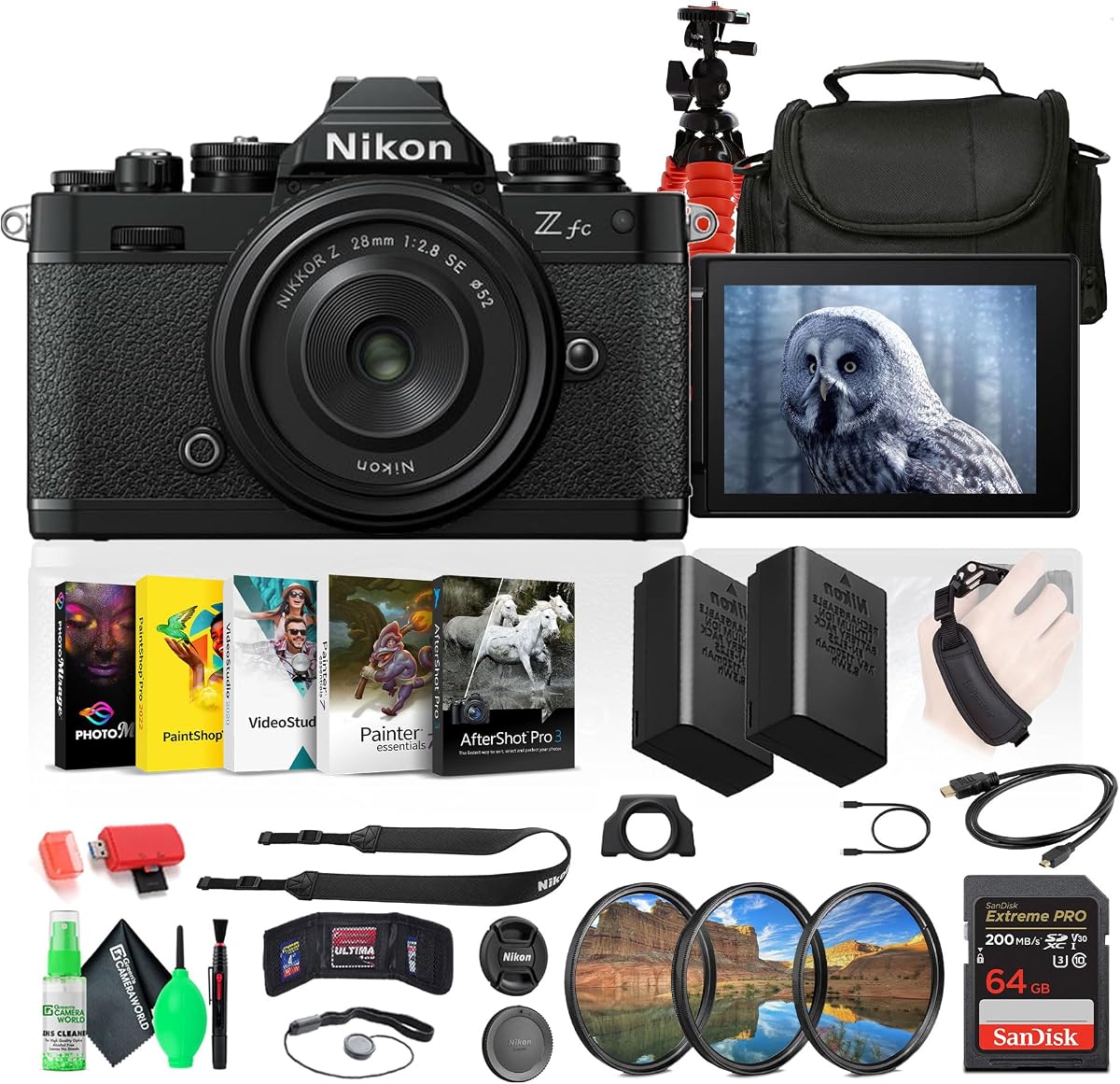 Nikon Z fc DX-Format Mirrorless Camera with NIKKOR Z 28mm f/2.8 (SE) Lens (1673B) + EN-EL25 Battery + 64GB Memory Card + Photography Software + Camera Bag + Flexible Tripod + More | For Photography & Video | EN-EL25 Battery | Photography Software + 64GB Memory Card + Camera Bag + More