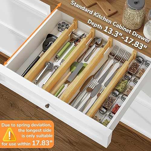 Miniatura 4 de BAMEOS Divisor de cajón, separadores de bambú expandibles, herramienta de utensilios, tenedor, herramienta organizador de cocina, organizador de