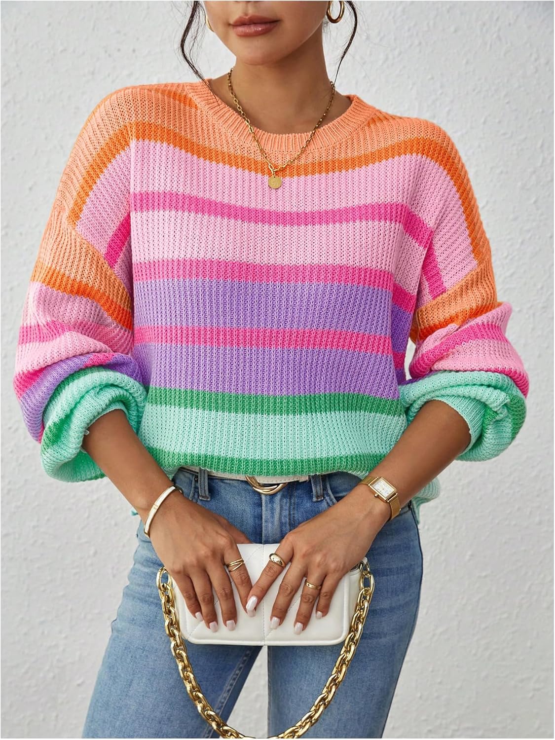 Verdusa Women's Striped Oversized Sweaters Trendy Fall Knit Tops Cozy Pullovers Color Block Sweater - Image 4
