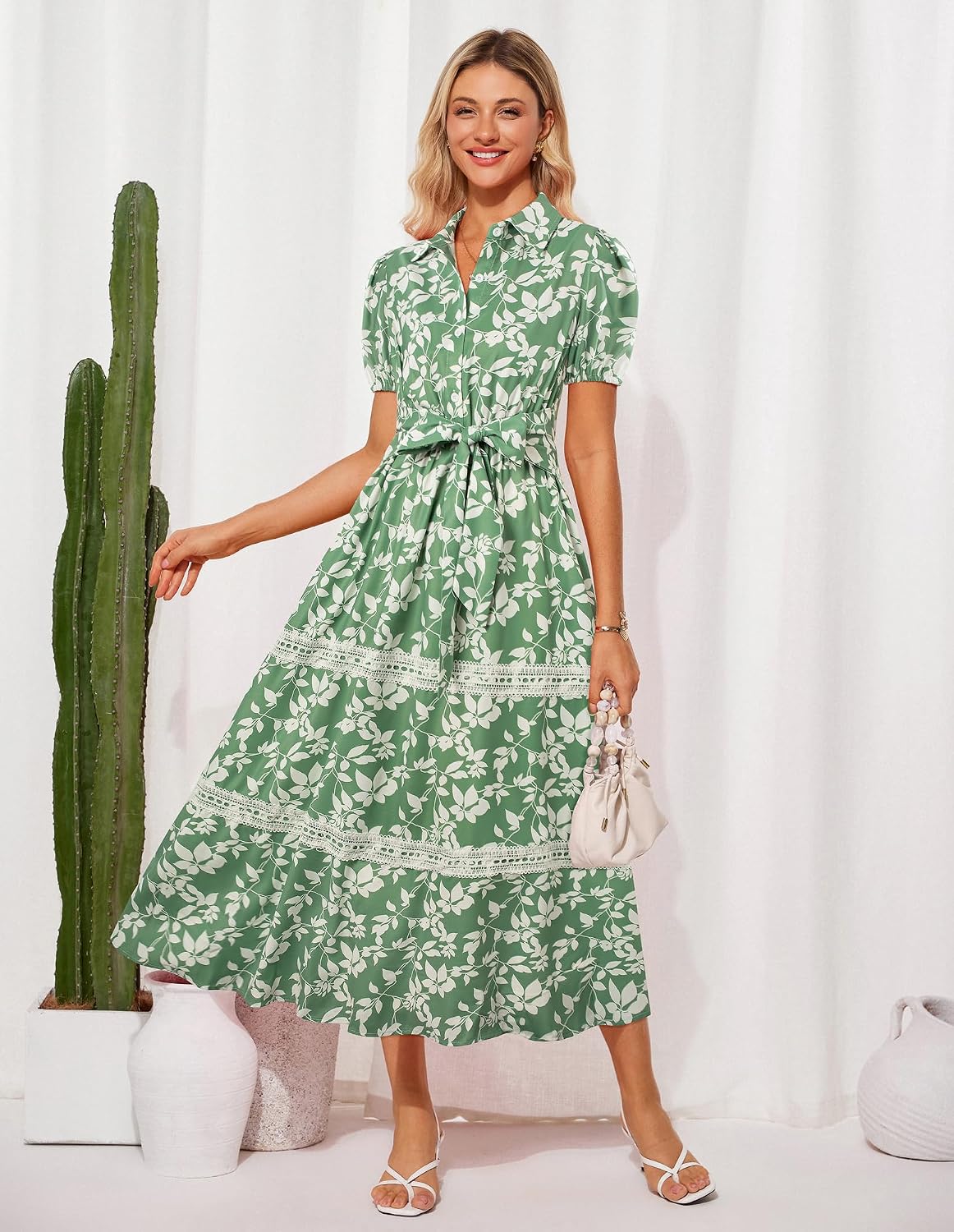 GRACE KARIN Women's 2026 Summer Floral Flowy Dresses Boho Tie Belt Short Puff Sleeve A Line Maxi Shirt Dress with Pocket