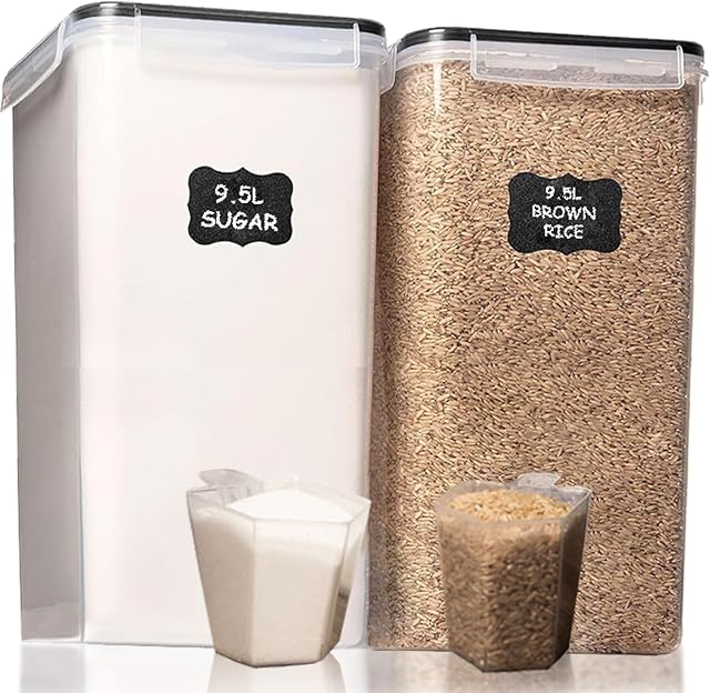 Shazo 2 PC (9,5 L | 321 oz) conteneurs de stockage de farine et de sucre - Conteneurs de stockage alimentaire en plastique extra grands avec couvercles, ensemble de canisters hermétiques sans BPA pour riz, céréales et pâtes