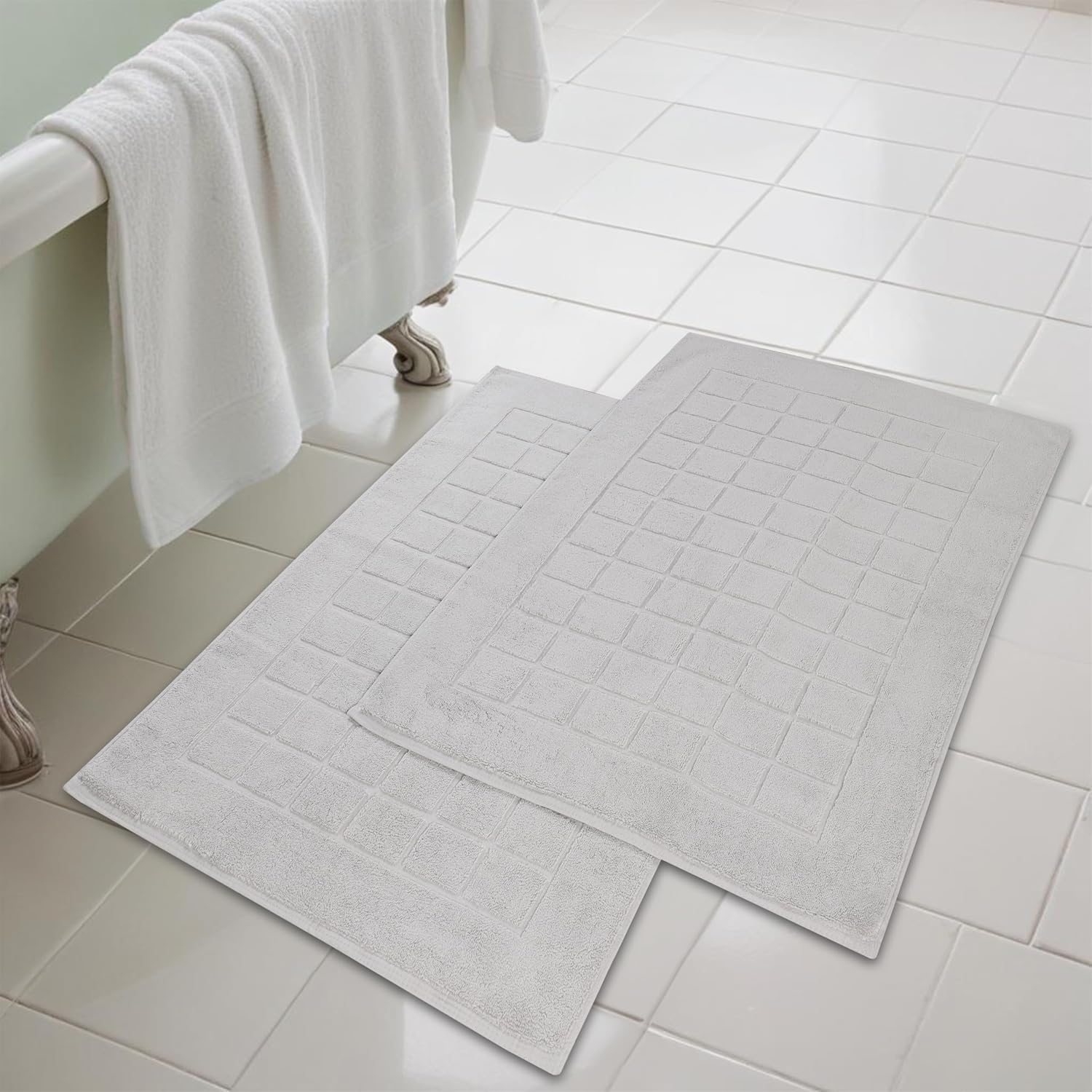 Superior 100% Cotton Bathmat Set, Bath Mats, Bathroom Decor, Shower, Bathtub Essentials, Home Accessories, Small Washable Rug, No Backing, Heavyweight, Nora Collection, Set of 2, 22" x 35", Silver image 2