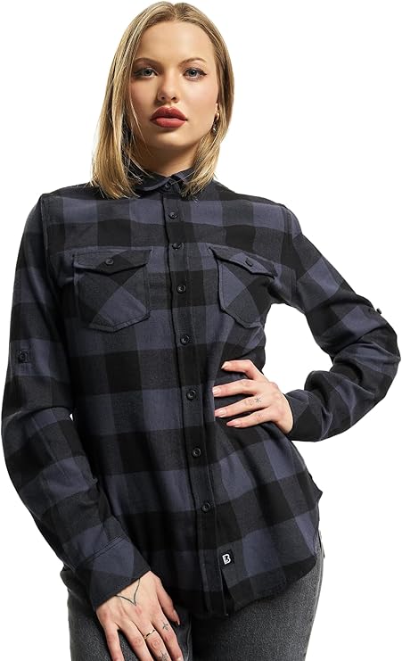 Brandit Camisa a Cuadros de Franela Amy Mujer Camisa de Franela Negro-Blanco Regular