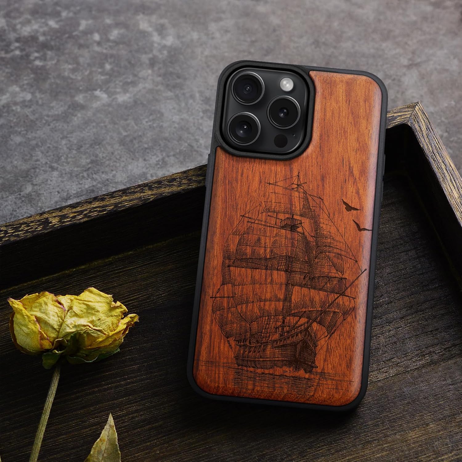 Carveit Magnetic Wooden Case for iPhone 16 Pro Case, Wood Artisan Engraved & Black Soft TPU Shockproof Cover, Compatible with MagSafe Wireless Chargers (Sailboat on The Sea) Rosy
