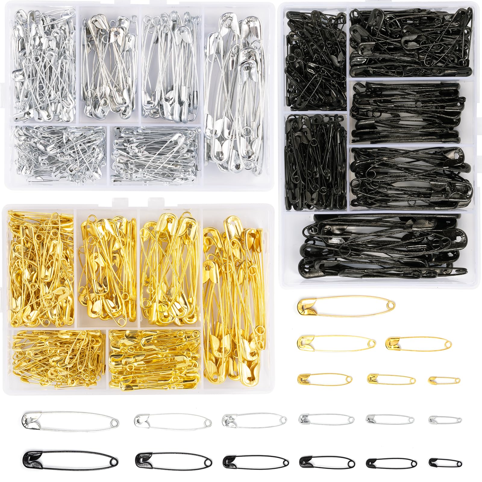 Kiperline 900 spille da balia, 6 misure, da 18 a 53 mm, resistenti alla ruggine, resistenti alla ruggine, per abbigliamento, artigianato, cucito, (argento + nero + oro)