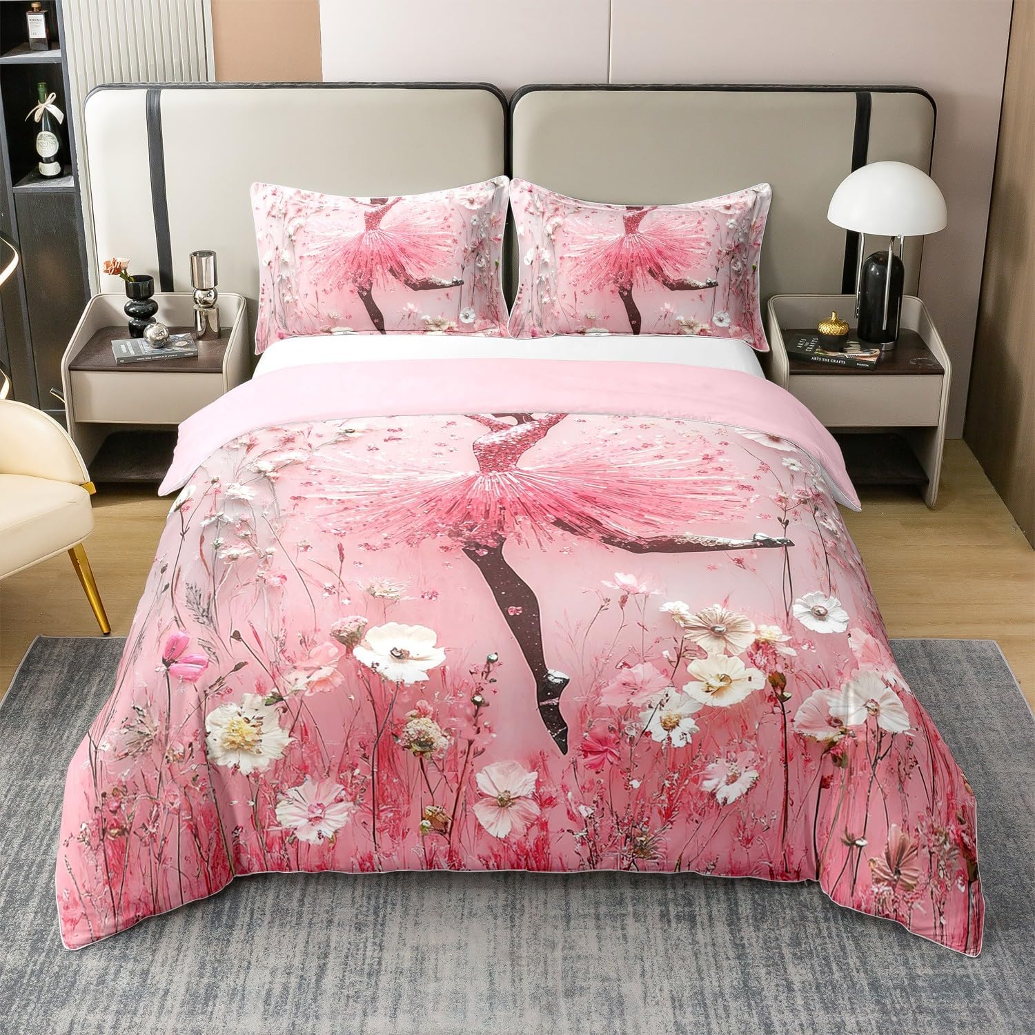 Erosebridal 100% Cotton Little Ballet Girls Duvet Cover,Princess Comforter Cover Twin,Pink Ballerina Bed Set for Kids Teens,Luxury Dancer Little Girls Bedding Set,Cartoon Style Bedroom Decor