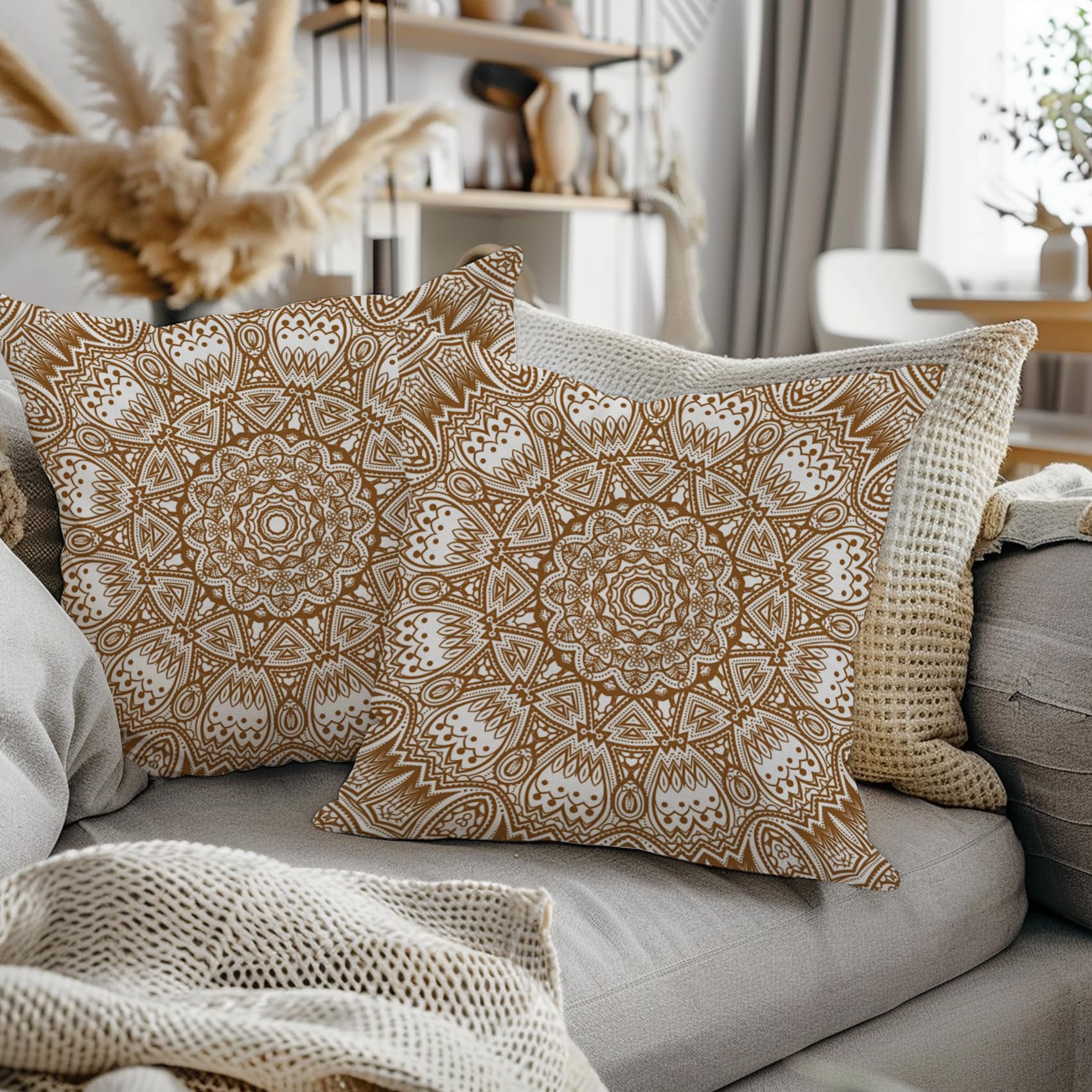 ggaimwf Moroccan Cushion Covers 45x45cm Ochre Ethnic Boho Cushions Indian Style Abstract Mandala Arabesque Meditation Hippie Modern Throw Pillow Cover for Sofa Living Room Bed Pillowcase Set of 2 - Image 2