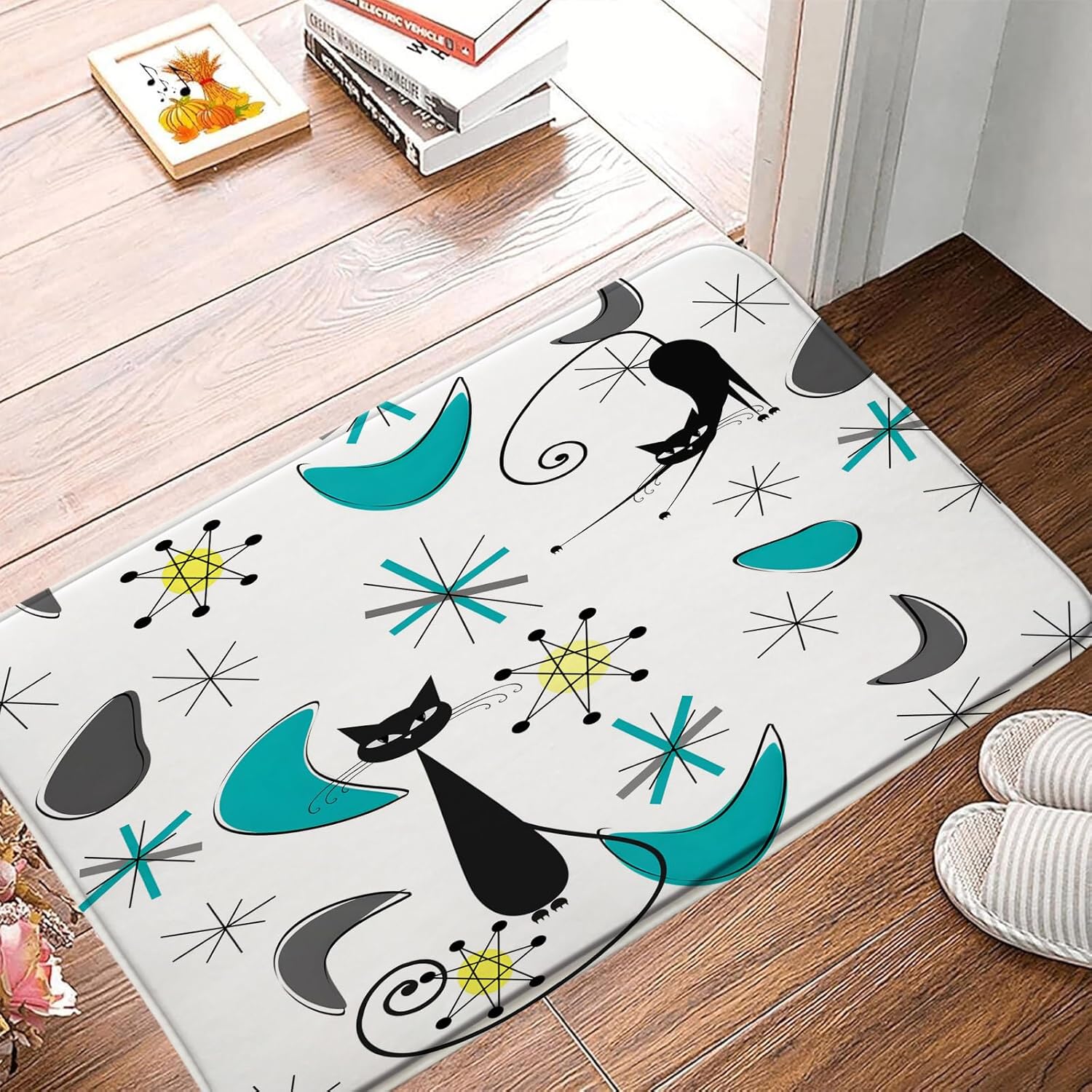 Mid Century Cat Bath Mat Atomic Modern Sputnik Geometric 1950s Black Teal Bathroom Kitchen Toilet Rugs,24x71 Inch