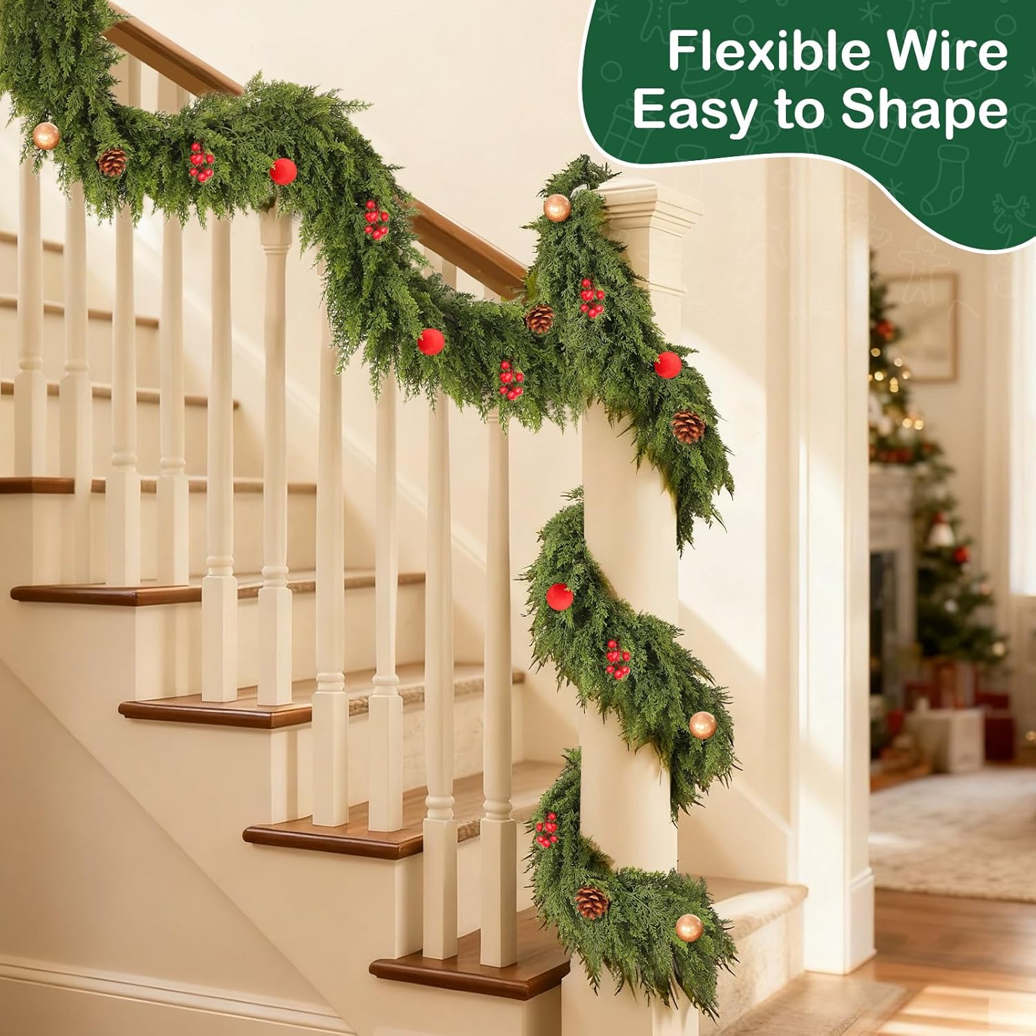 Cedar Garland 9FT Christmas Garland Real Touch Garland Artificial Realistic Greenery Cypress Pine Garlands for Mantle, Fireplace, Stairs,Table, Doorframe Vintage Outdoor Indoor Christmas Decorations 9 FT