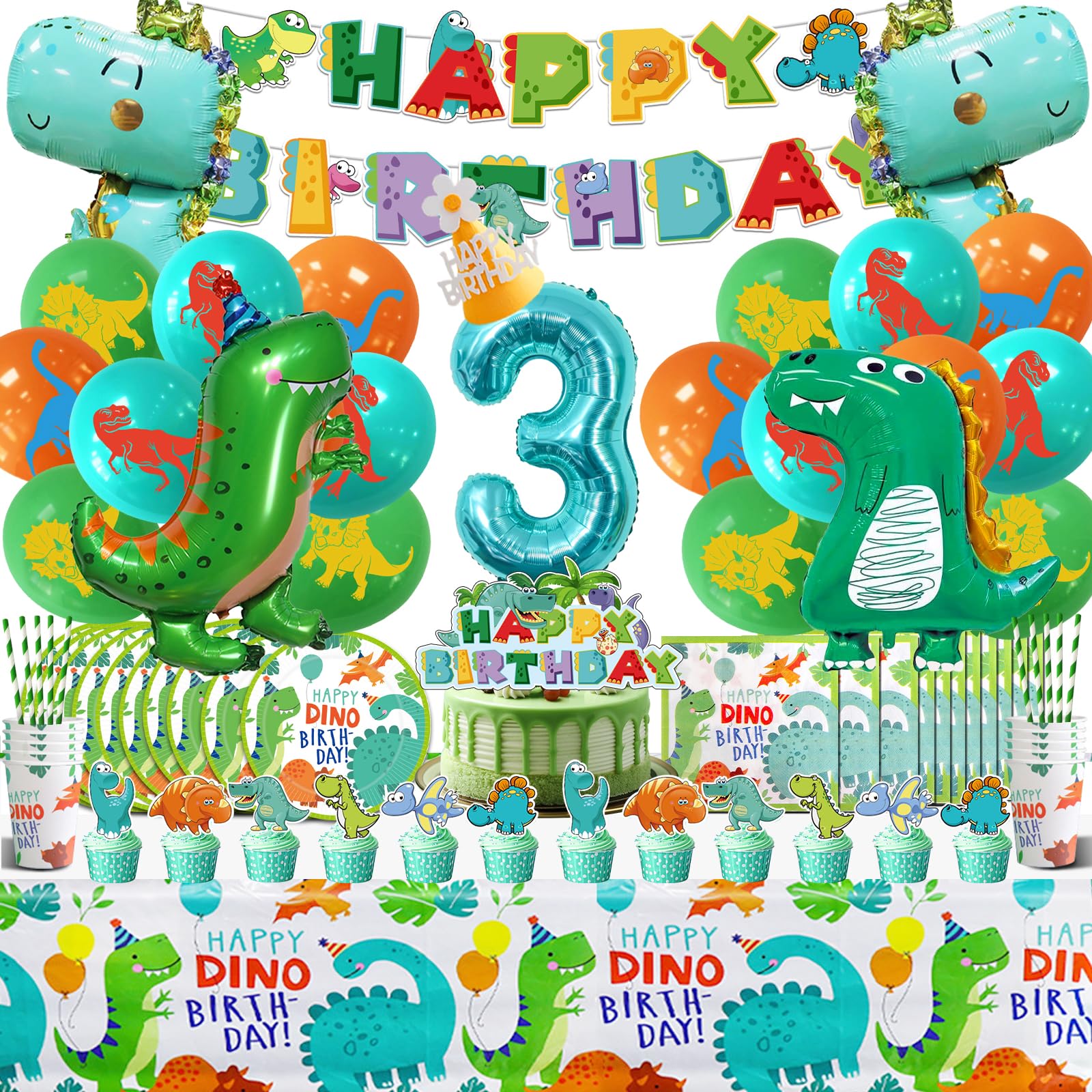 Dinosaurios Cumpleaños 3 Años,Dinosaurios Decoración Globos Aluminio 104 Piezas ,Vajilla Dinosaurios Cumpleaños con Mantel Platos Servilletas,Dino Temática Fiesta Cumpleaños Infantil