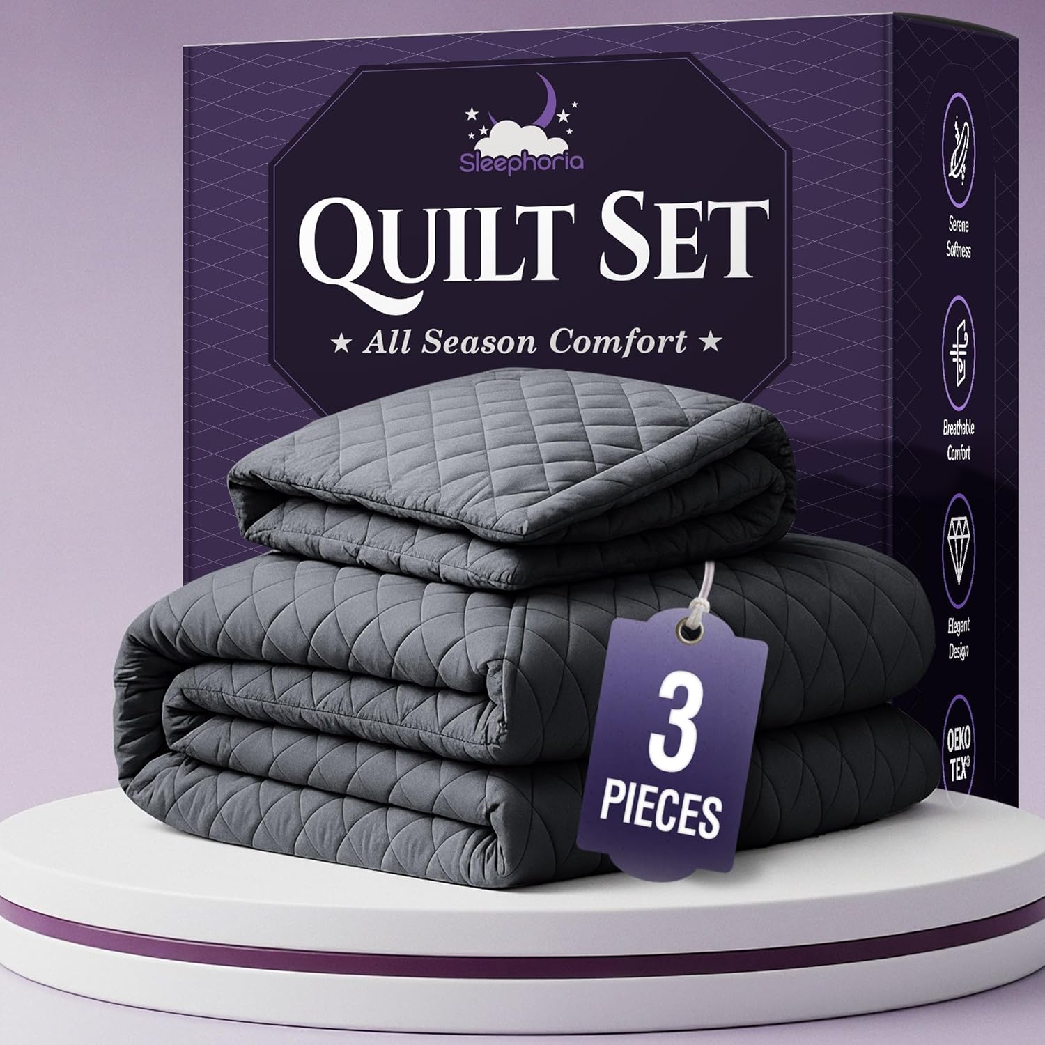 Queen Quilt Bedding Set - Cloud Soft All-Season Bedspread 3 PC w/Shams, Bed Quilt Queen Size Coverlet - Oversized, Light Weight, Ultra Durable, Easy Care - 90 x 96 in (Light Grey)