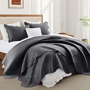 IR Imperial Rooms Queen Quilt Bedding Set Size (90" x 96") + 2 Pillow Shams (20" x 26"+ 2") - 3 Pcs All Season Lightweight Reversible Microfiber Coverlet Embossed Quilt Bedspread (Charcoal)