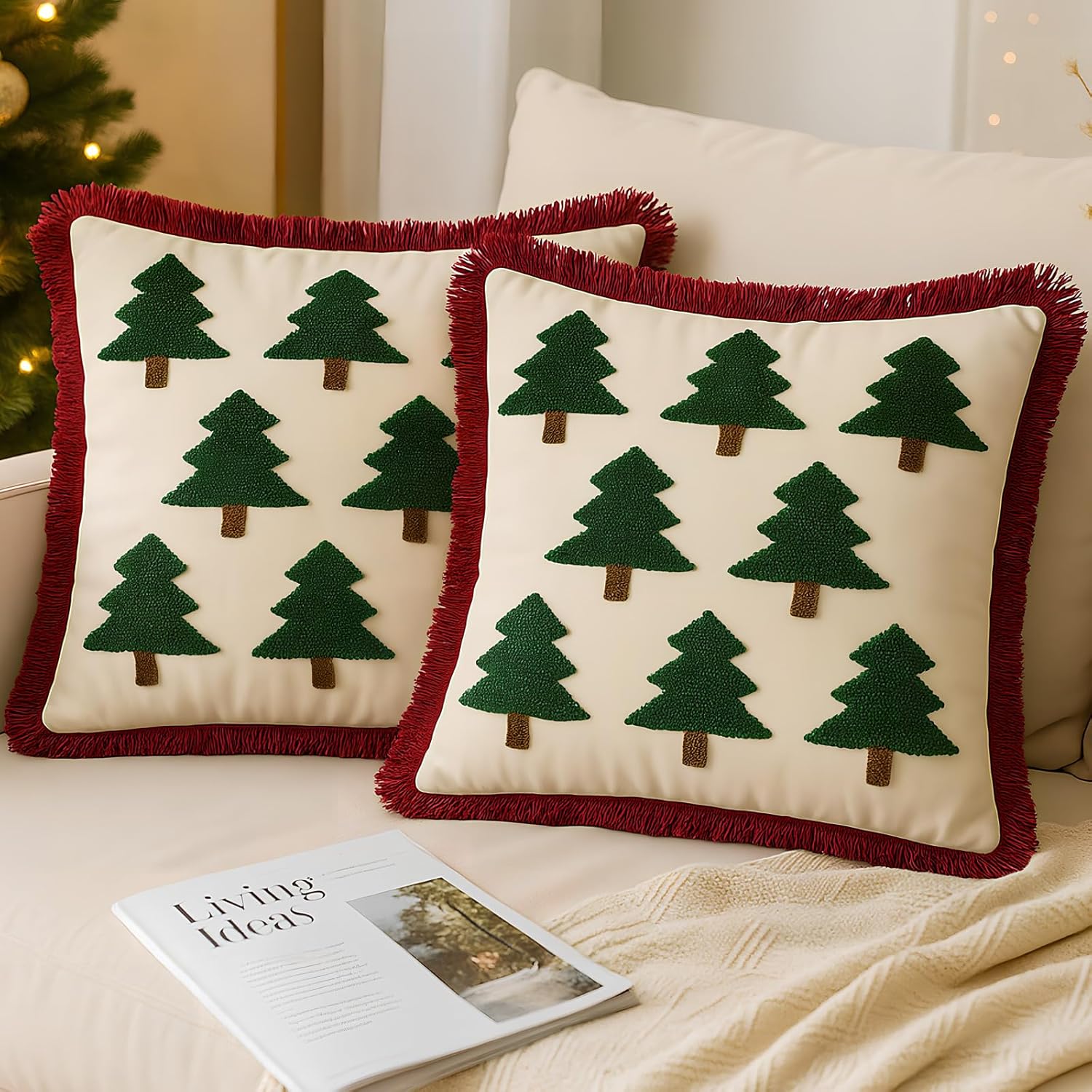 Breling Christmas Pillow Covers 18x18 Inch Set of 2 Christmas Green Tree Embroidery Throw Pillowcases with Red Tassel White Green Red Xmas Sofa Winter Holiday Bed Home Decor