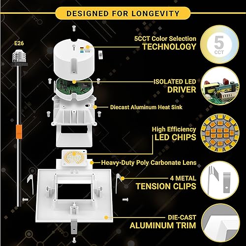 Miniatura 4 de NUWATT Paquete de 4 unidades, iluminación LED empotrable cuadrada de 4 pulgadas, 5CCT 2700K/3000K/3500K/4000K/5000K seleccionable, 750 lúmenes 11W,